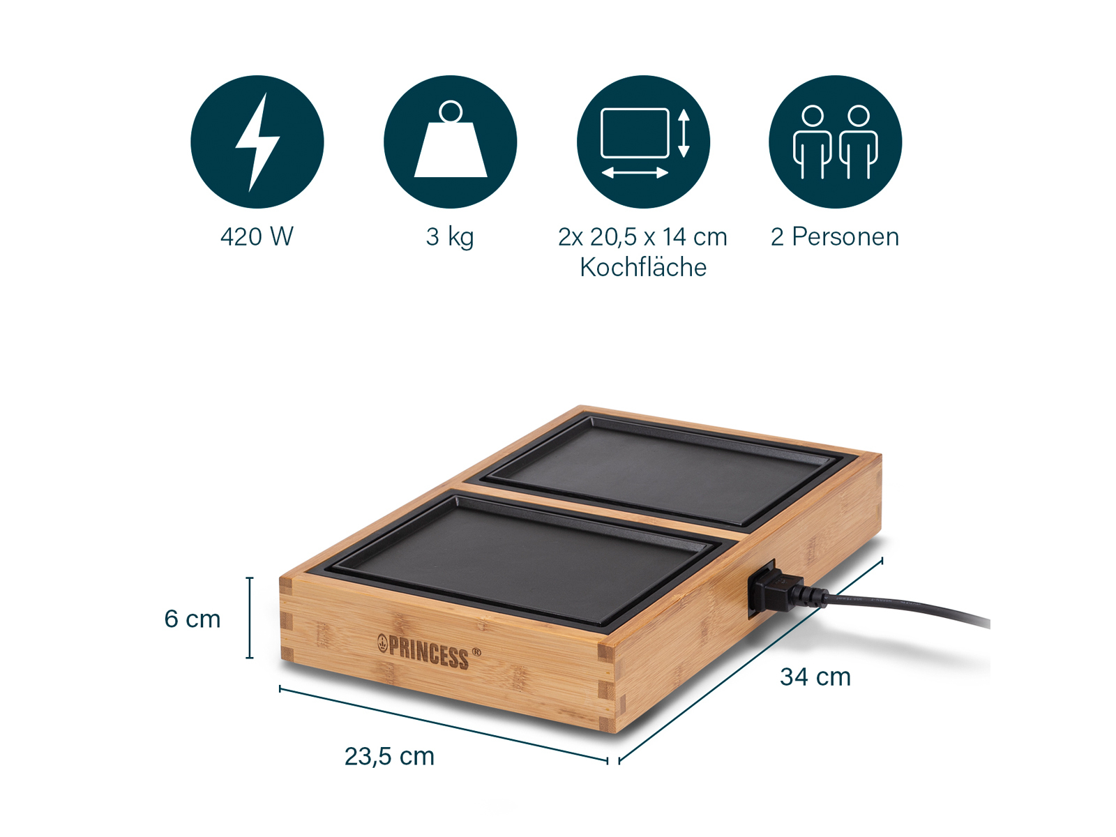 Ein Raclette-Grill aus Bambus mit zwei Heizflächen. Informationssymbole mit Abmessungen und Leistung sind sichtbar.