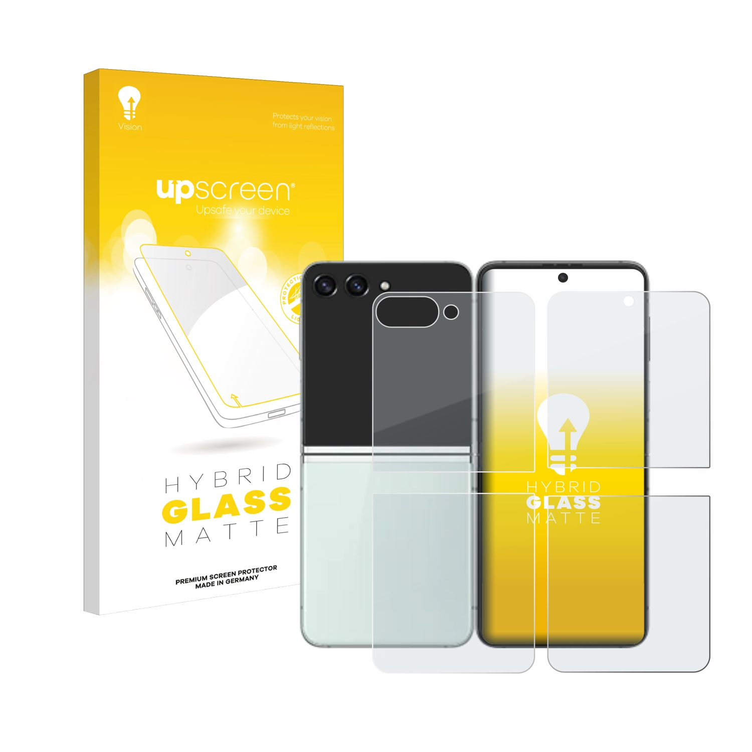 Gelbe Box mit transparenten Displayschutzfolien und einem schwarzen Telefon.