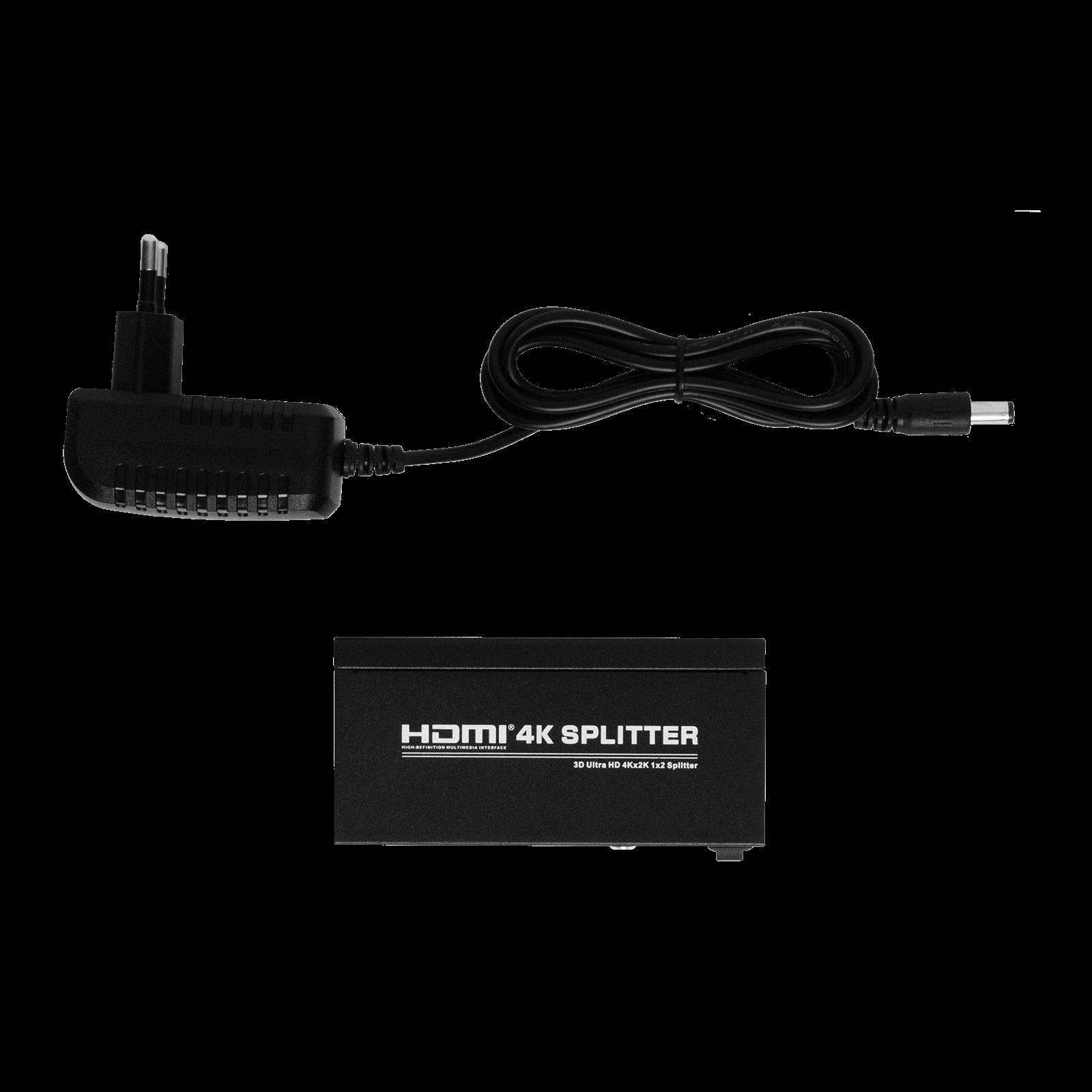 Schwarzer HDMI-Splitter mit Netzteil und Kabel.