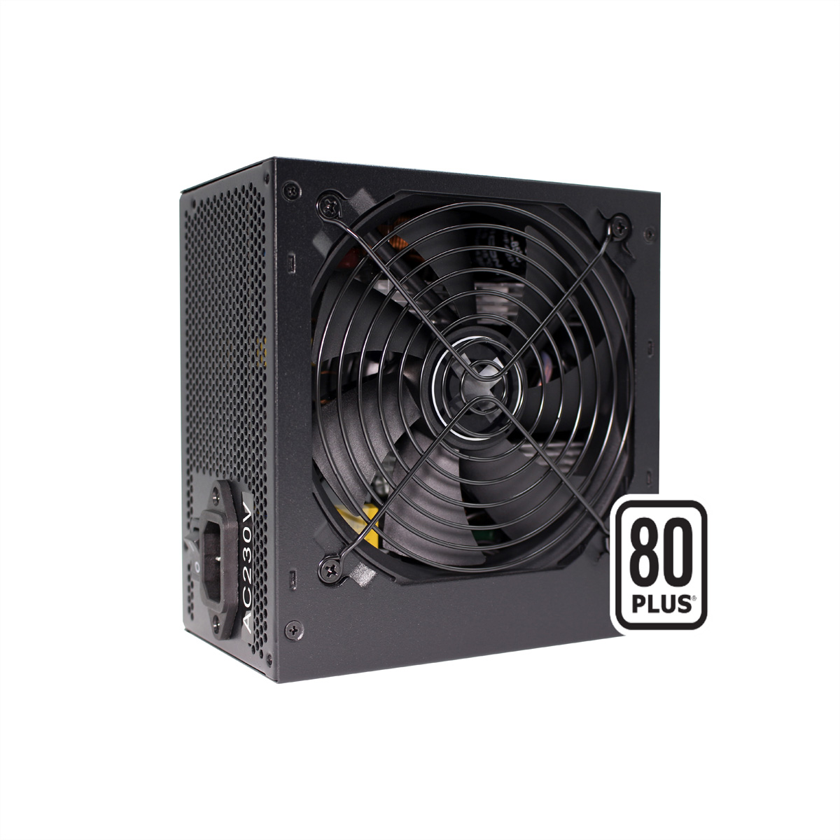 Black computer power supply unit with fan, and an 80 PLUS sticker on a white background.