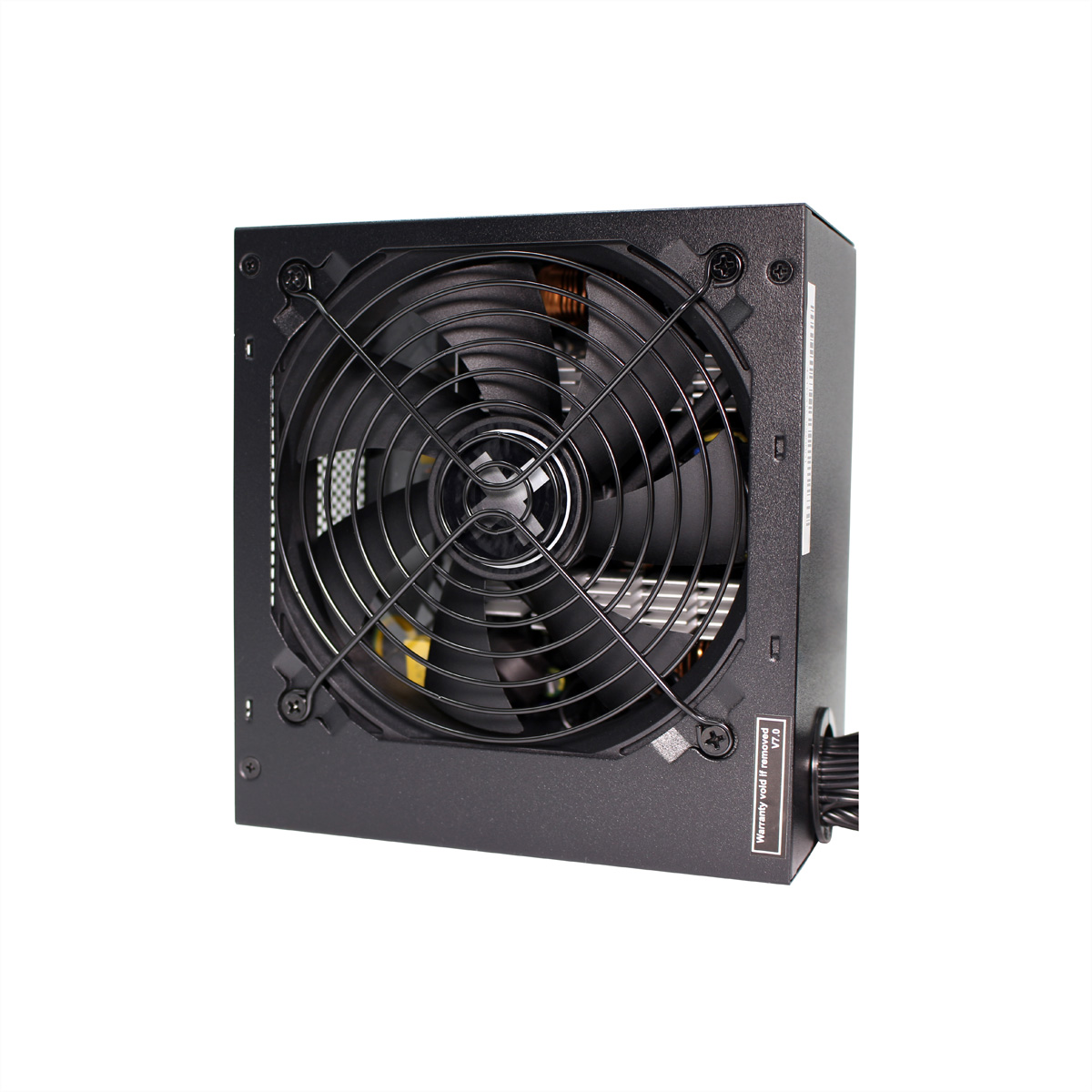 Black computer power supply unit with a fan. A black metal grill covers the fan.
