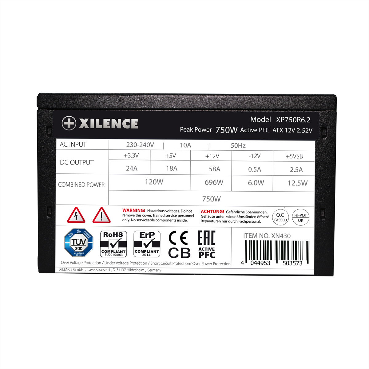 Electrical component with labels and warnings, including AC input and DC output data.