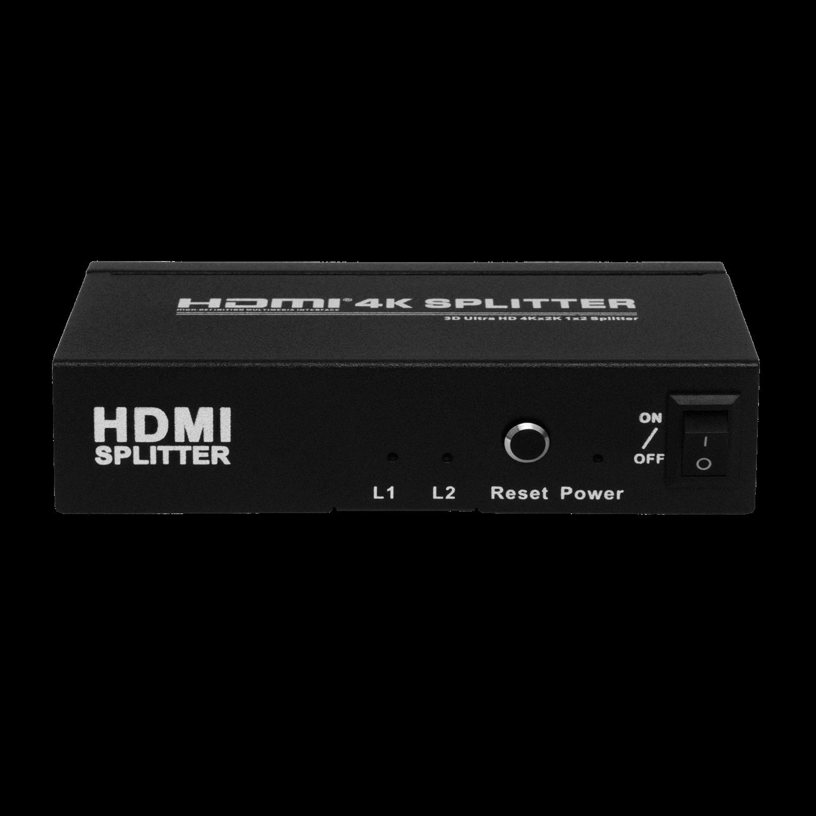 Schwarzer HDMI-Splitter mit Knöpfen, Anschlüssen und einem Netzschalter. Text: HDMI-SPLITTER.