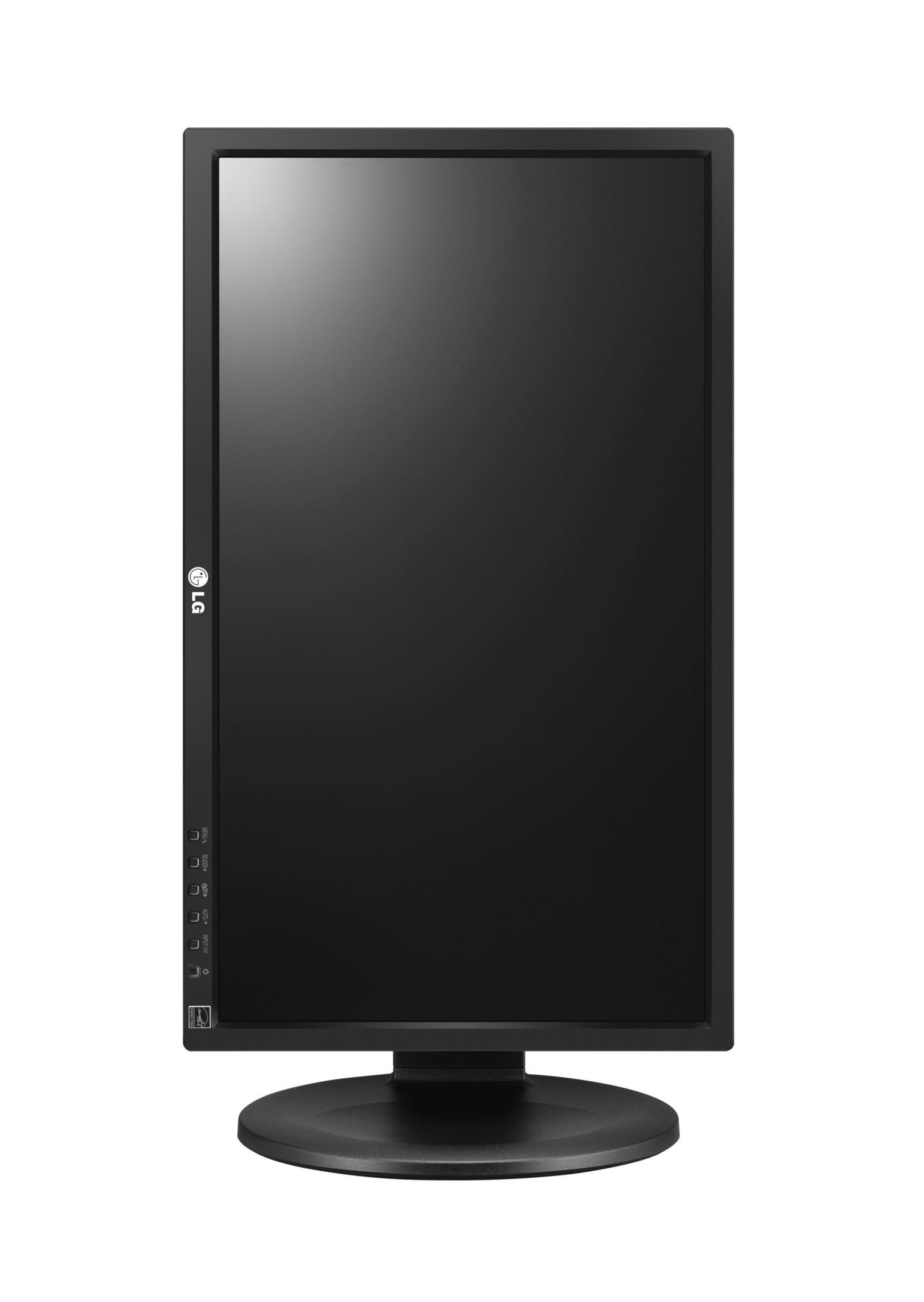 Ein schwarzer Computermonitor auf einem Ständer, mit leerem Bildschirm.