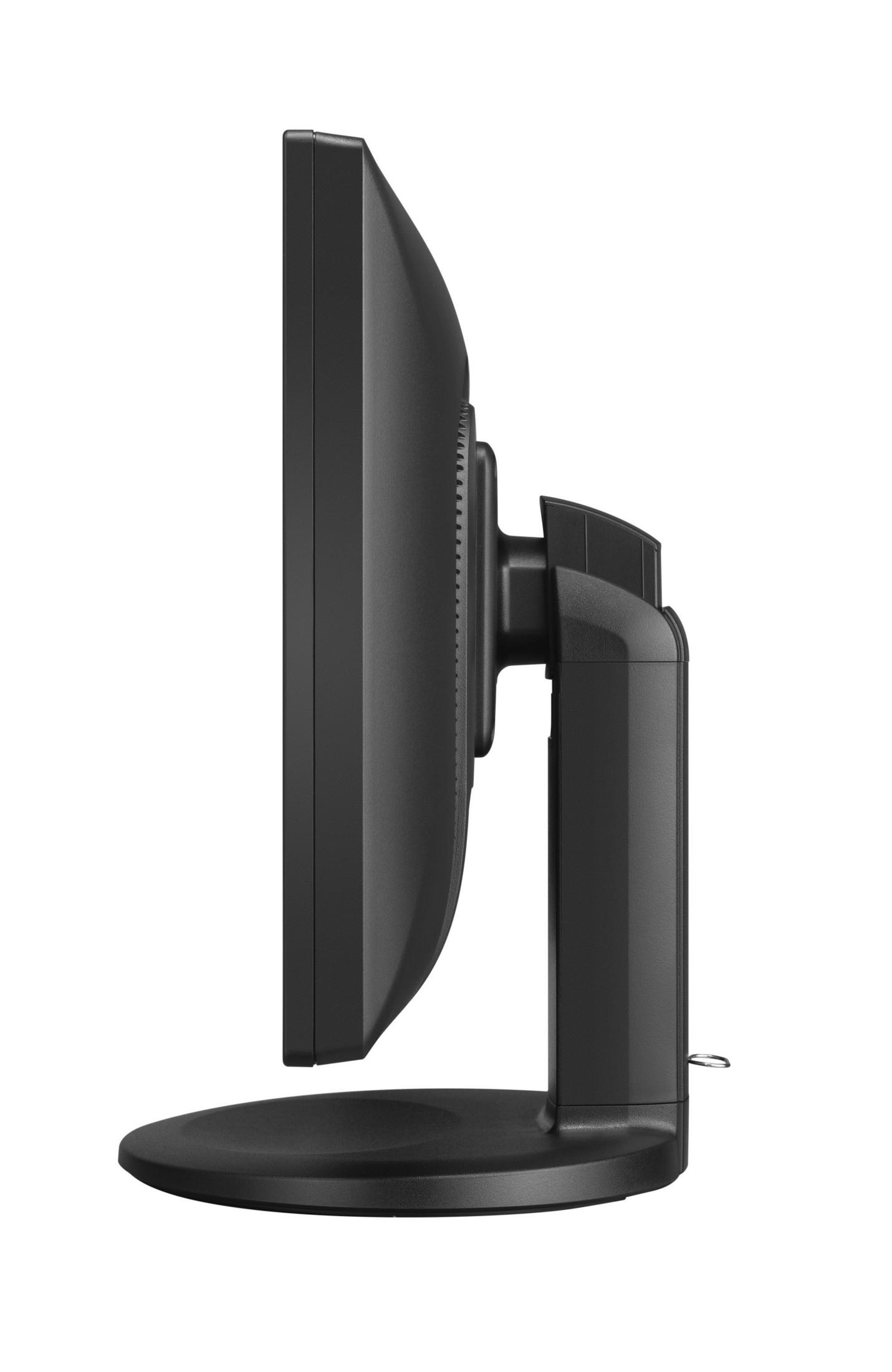 Seitenansicht eines schwarzen Computermonitors mit Ständer. Er befindet sich auf weißem Hintergrund.