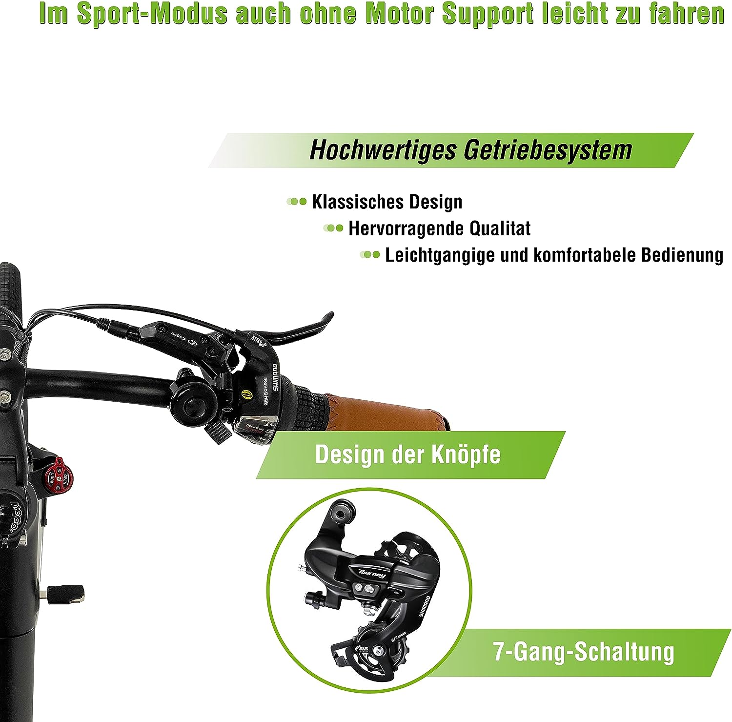 Fahrradlenker mit Gangschaltung, ein 7-Gang-Getriebesystem und beschreibender Text.