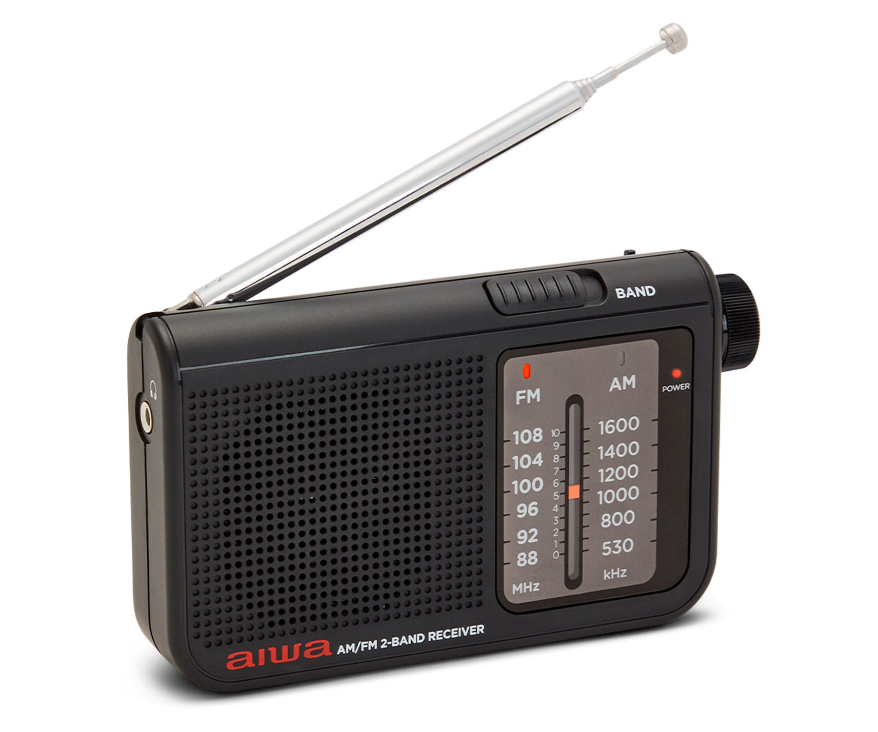 Czarny radioodbiornik Aiwa AM/FM z anteną, pokrętłem strojenia i wskaźnikiem zasilania.
