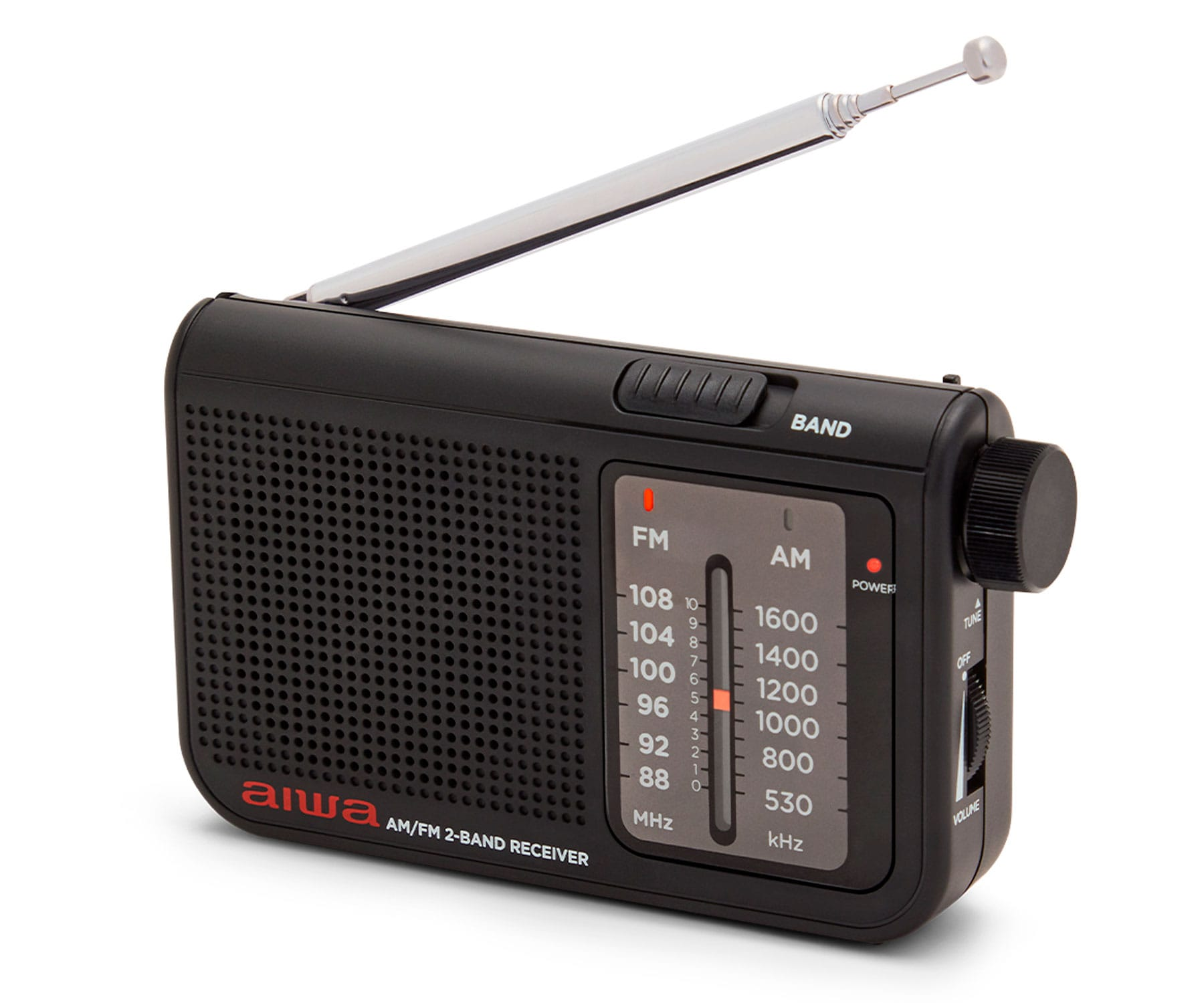 Czarny radio Aiwa z wysuniętą anteną. Białe tło.