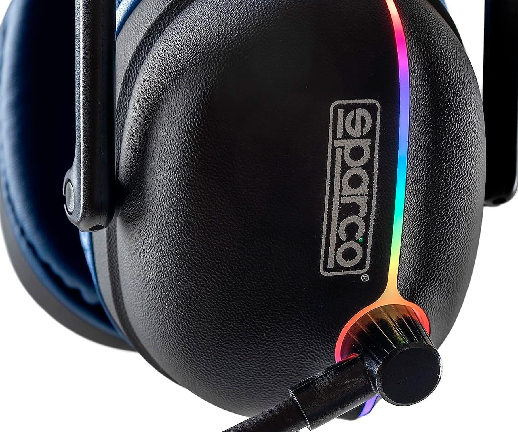 Cuffie nere con logo Sparco, con una striscia luminosa multicolore sul lato, primo piano.