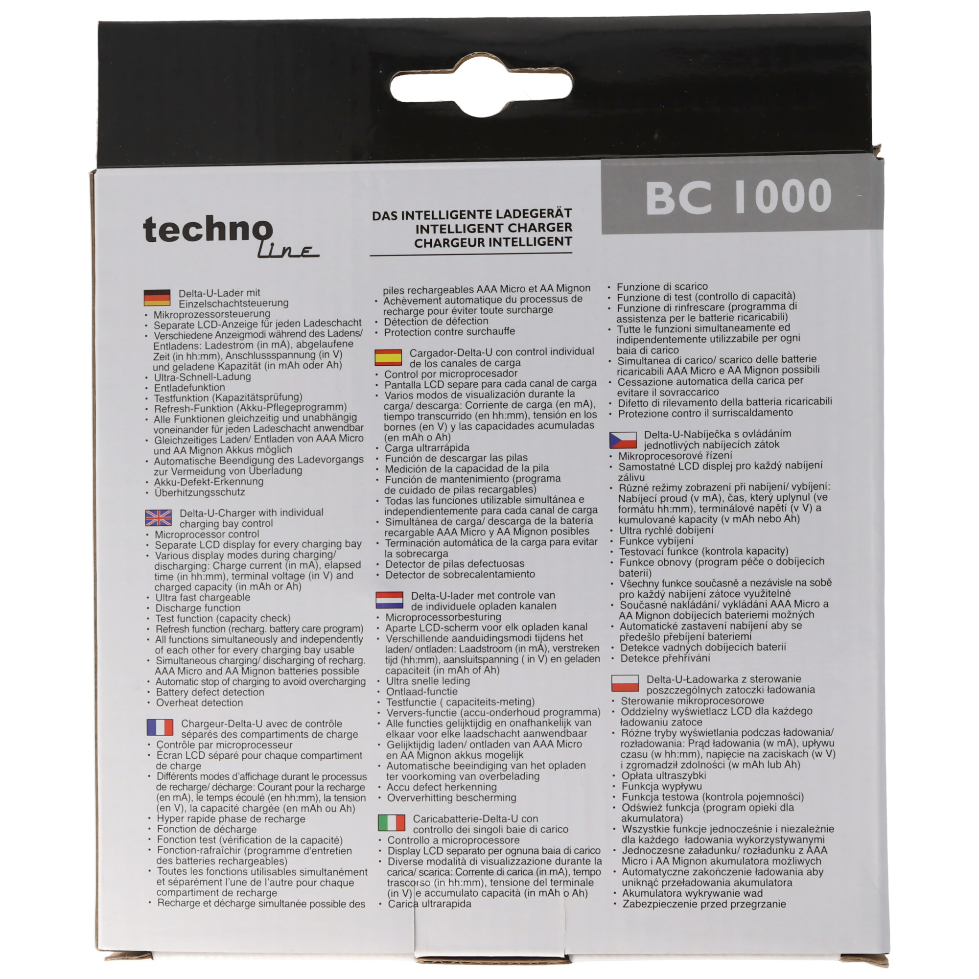 Eine schwarz-weiße Box mit Text über ein Batterieladegerät. Enthält Details zu den Funktionen des Ladegeräts.