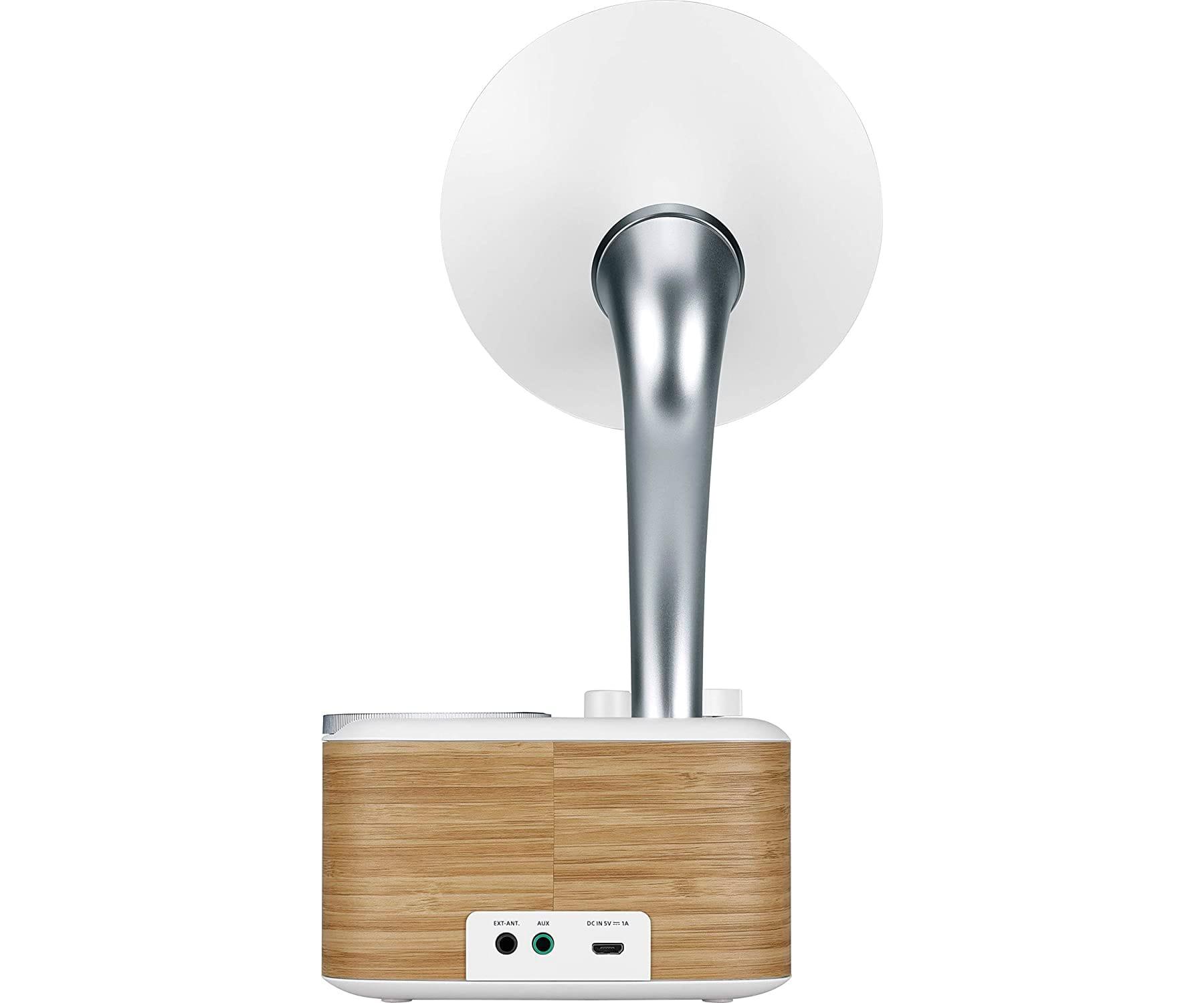 Drewniany głośnik ze srebrnym stojakiem trzymającym białe okrągłe światło.