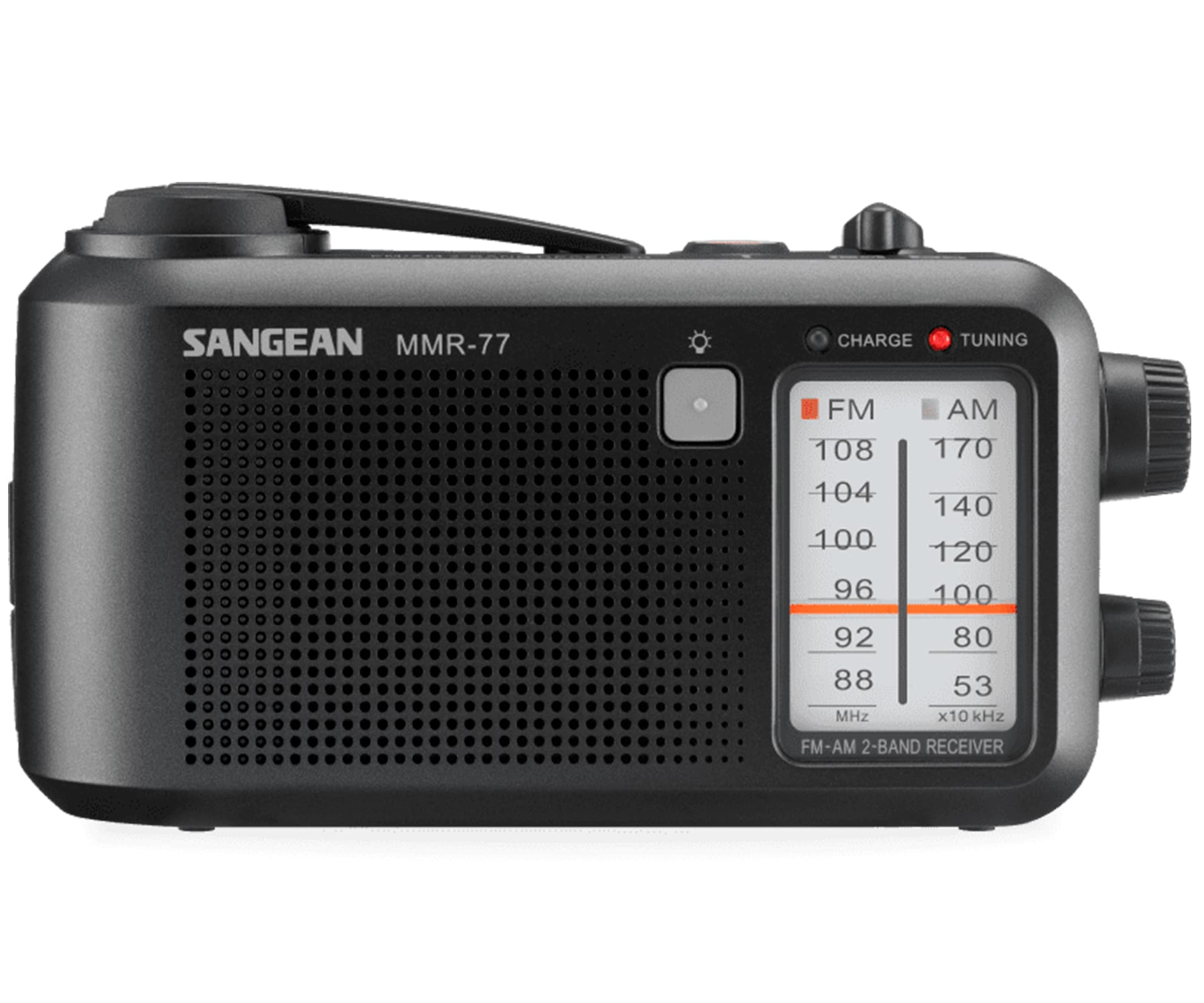 Czarno-szare przenośne radio z pokrętłem strojenia, wyświetlaczem częstotliwości i logo Sangean. Posiada uchwyt.