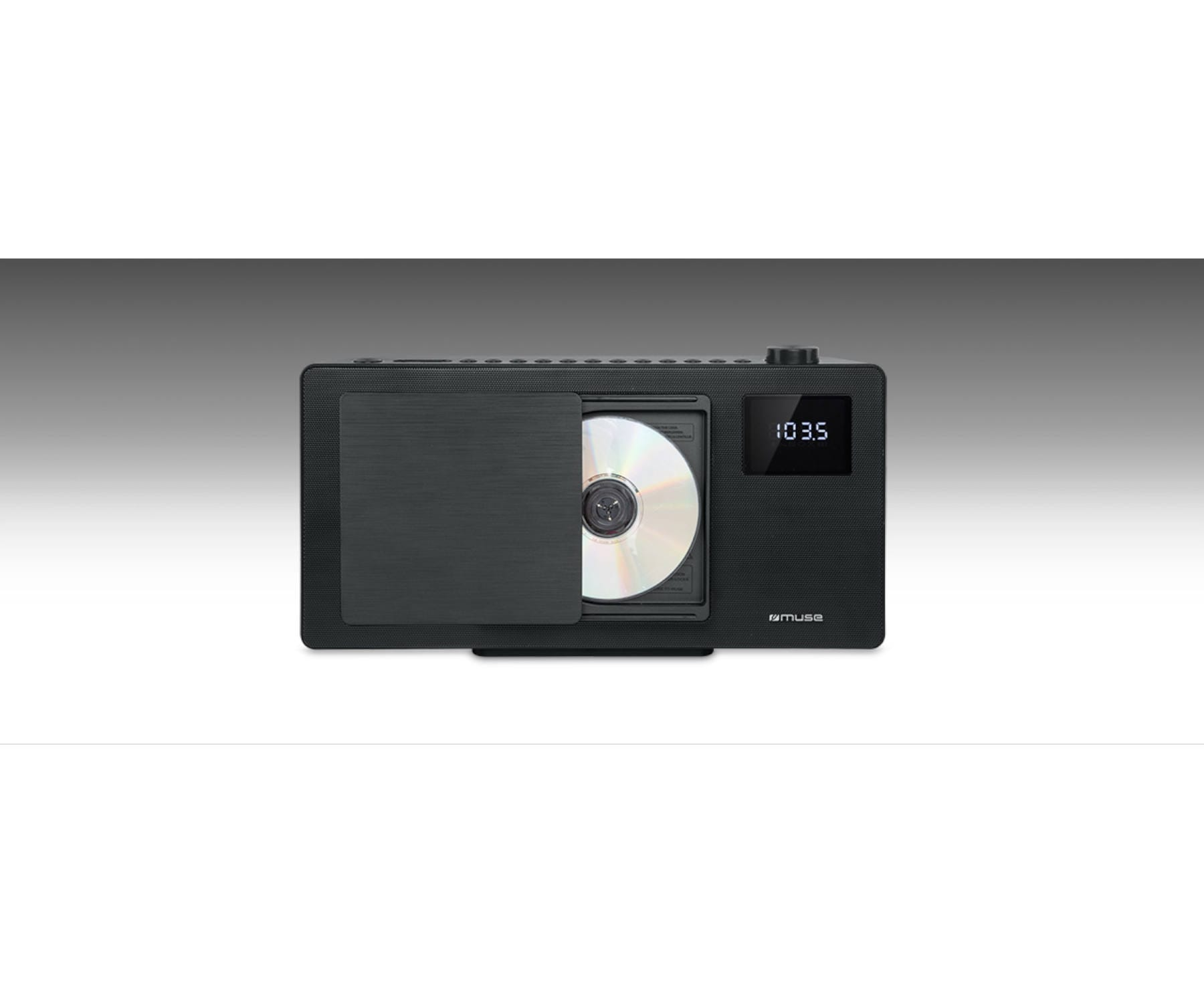 Czarny system audio z odtwarzaczem CD i wyświetlaczem. Ma czarną osłonę. Szare tło.