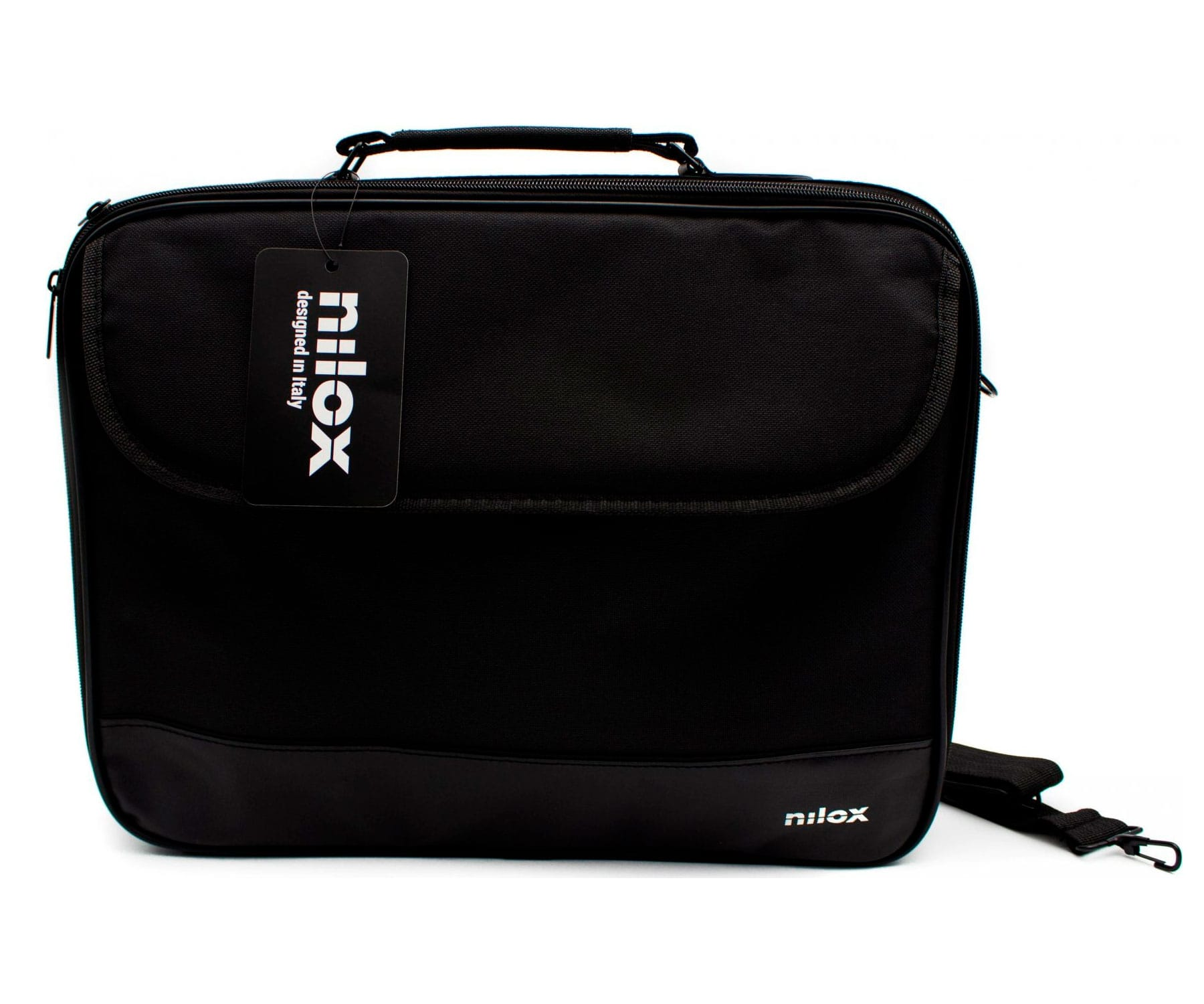Borsa nera per laptop con un'etichetta che dice 'nilox'. Lo sfondo è bianco.