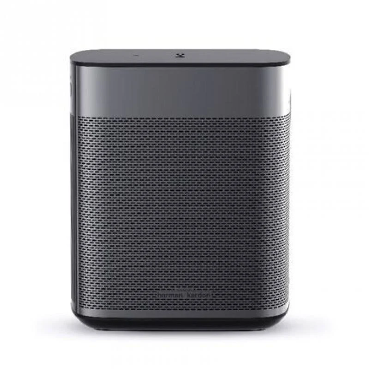 A gray speaker with a mesh front and a black top. The brand is Harman Kardon.