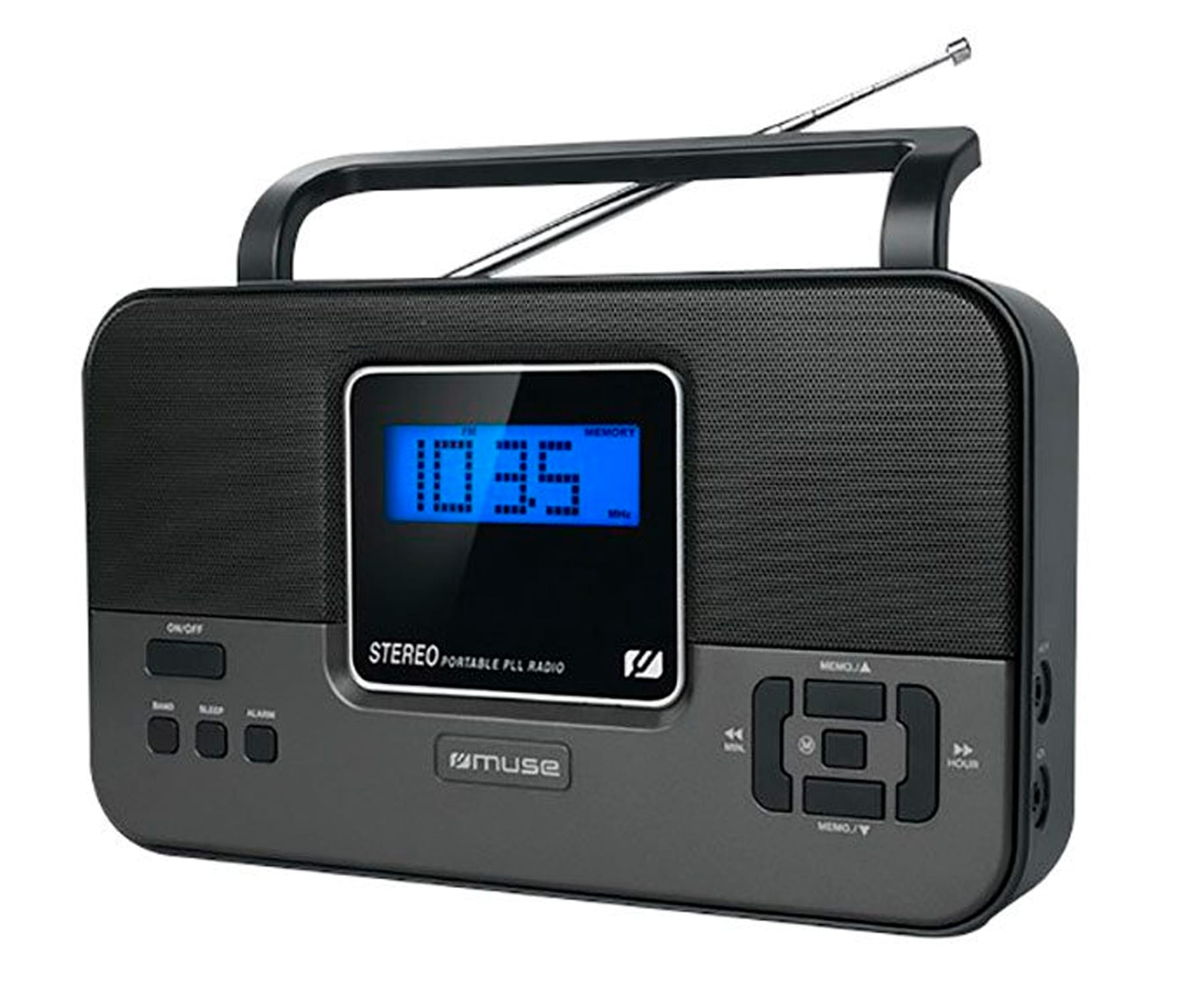 Czarno-szare przenośne radio z cyfrowym wyświetlaczem. Ma przyciski i antenę.