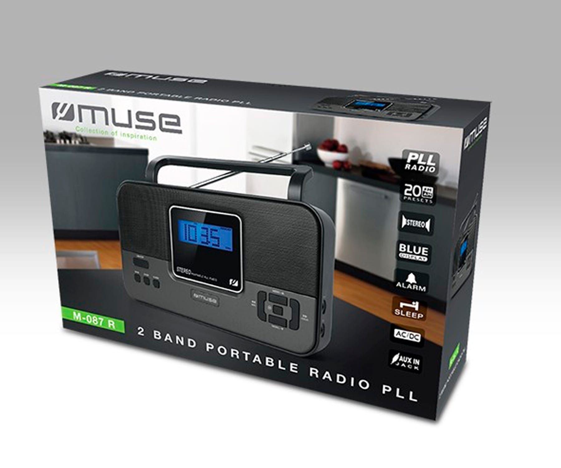 Czarny i szary radioodbiornik z ekranem i przyciskami. Tekst: MUSE. Cechy: 2 pasma i stereo.