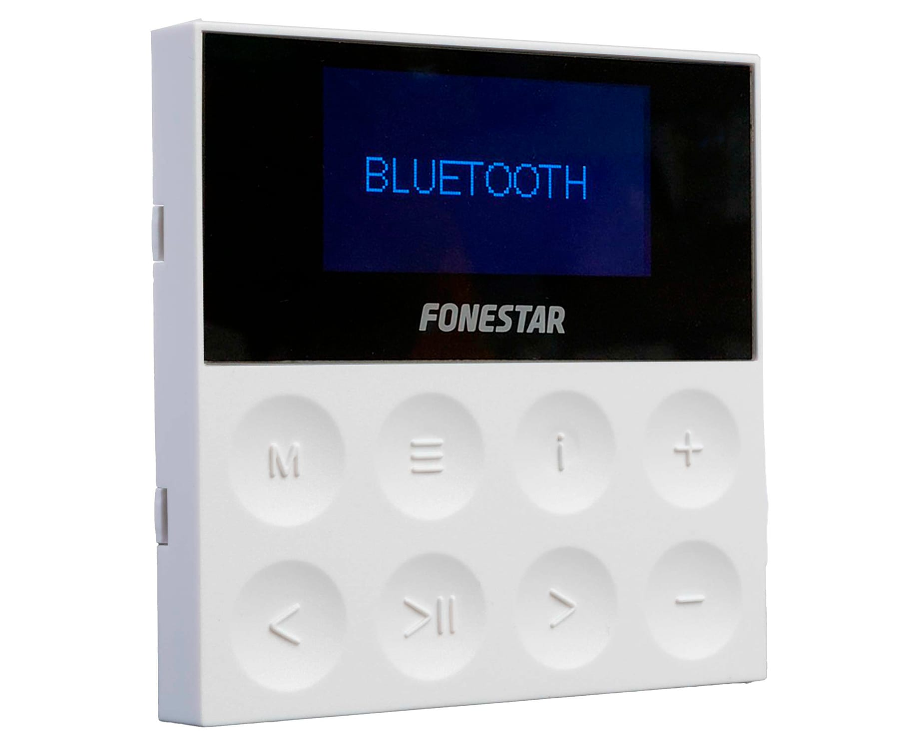Dispositivo Bluetooth Fonestar bianco con schermo che mostra 'Bluetooth'.