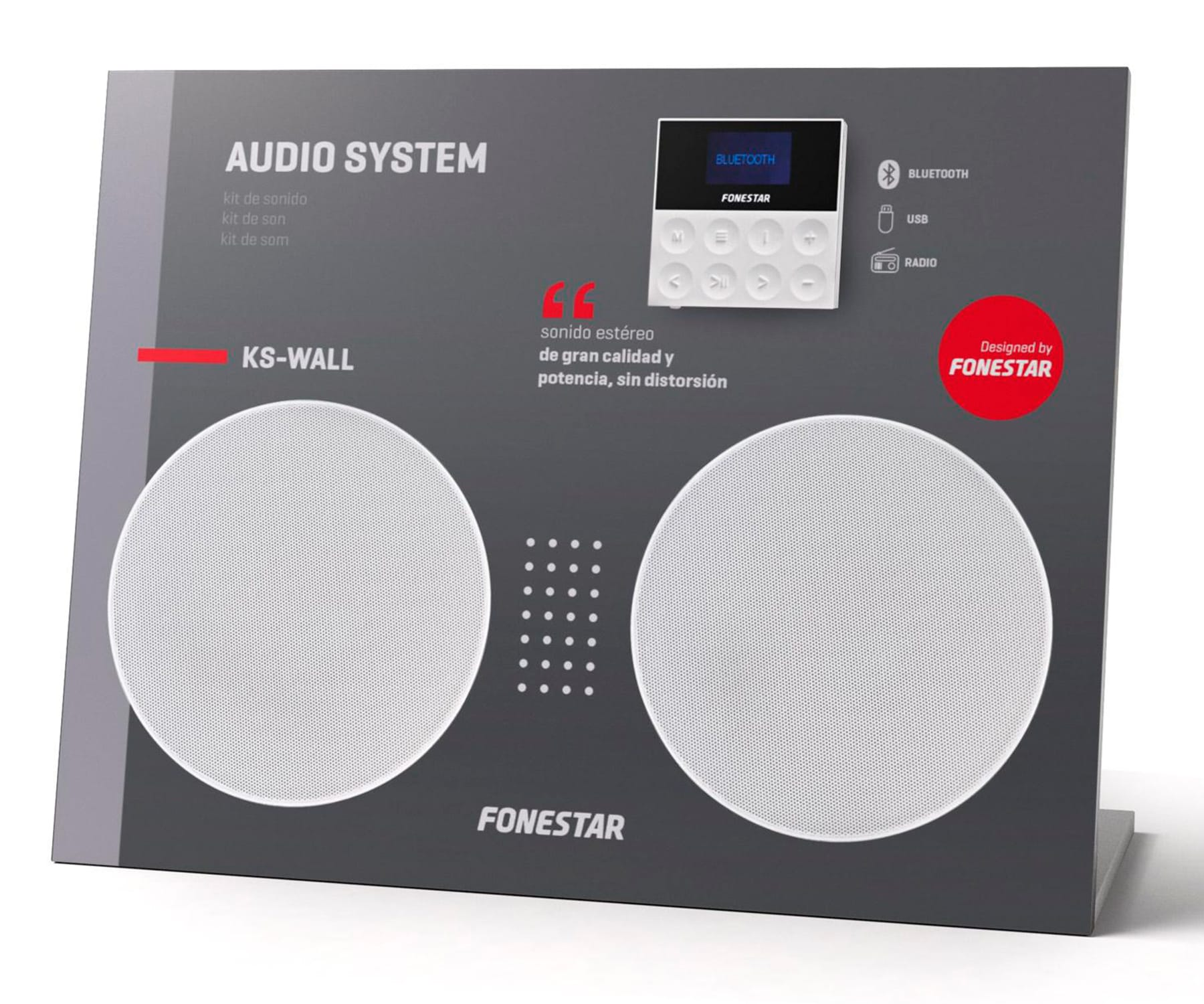 Un display del sistema audio con due altoparlanti. Vengono mostrati anche un telecomando e l'interfaccia Bluetooth.