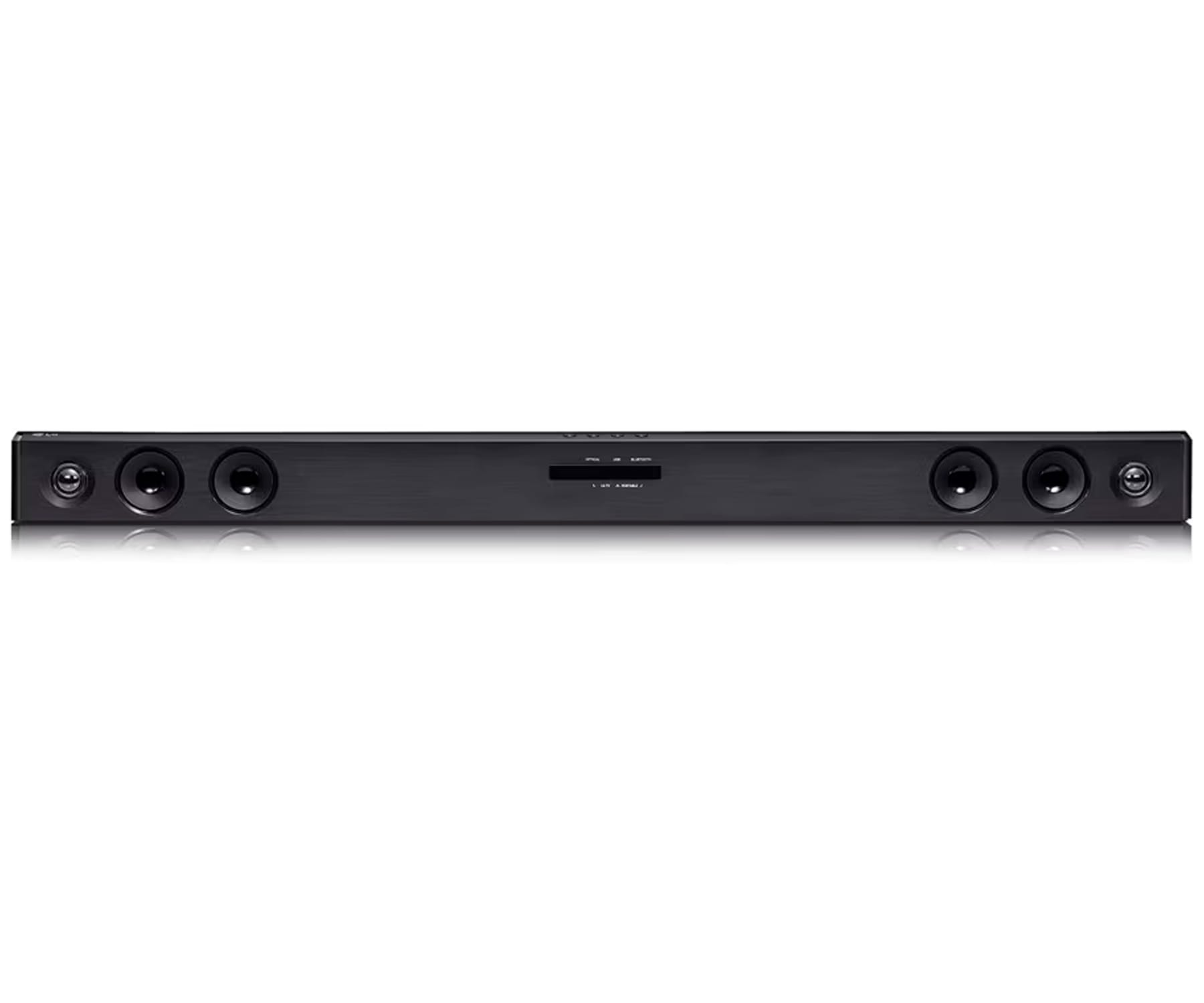 Długi, czarny soundbar na białym tle, z widocznymi wieloma jednostkami głośnikowymi.