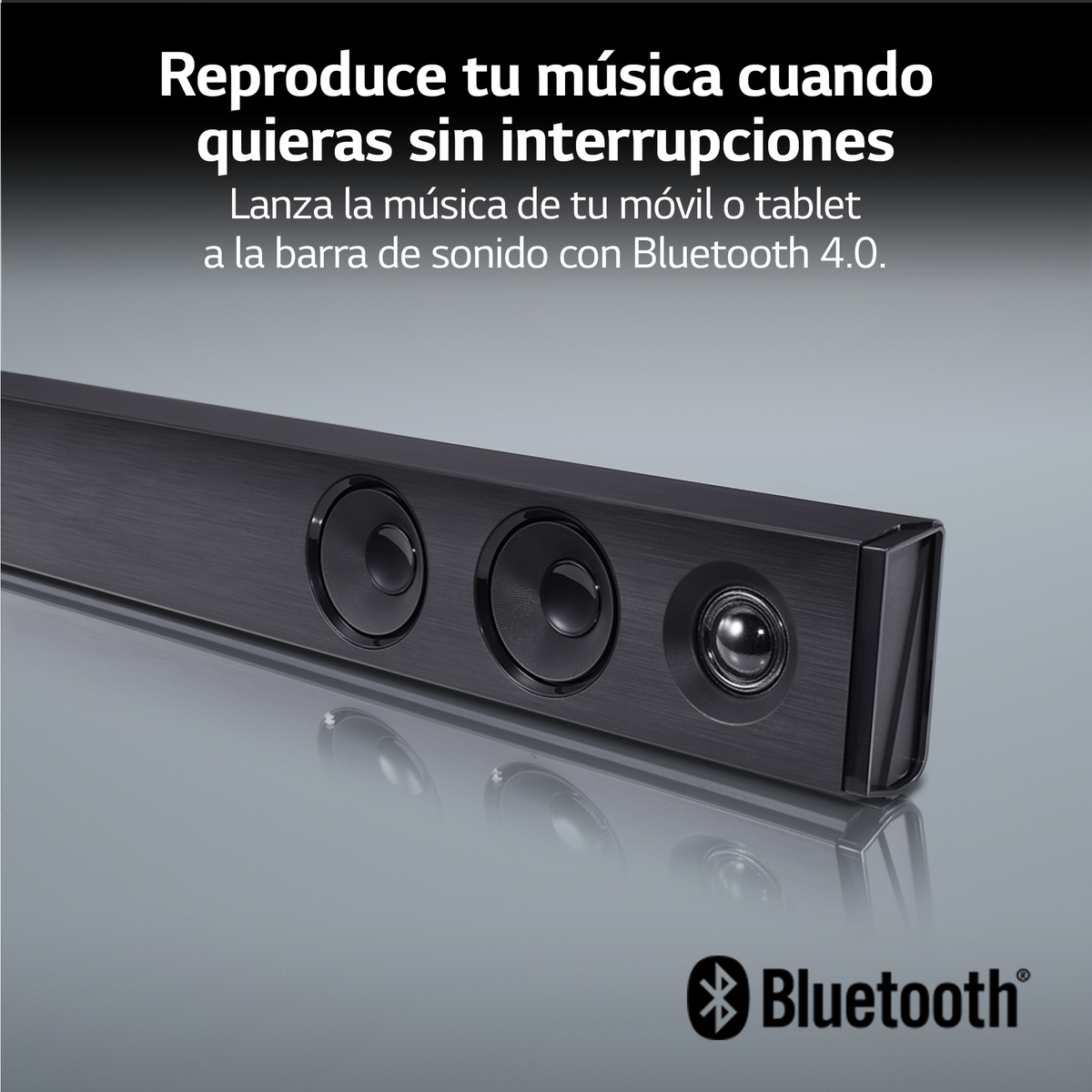Czarny soundbar z Bluetooth. Tekst: Odtwarzaj muzykę bez zakłóceń.