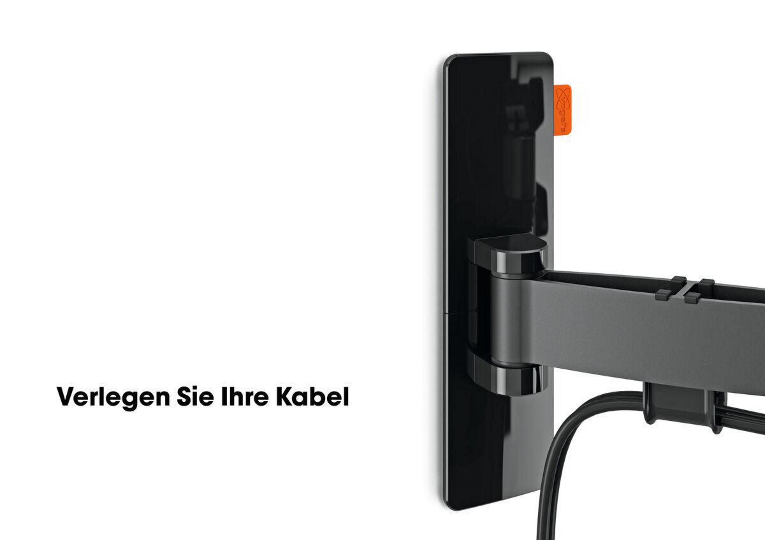 Support TV noir avec câble et texte 'Verlegen Sie Ihre Kabel'.