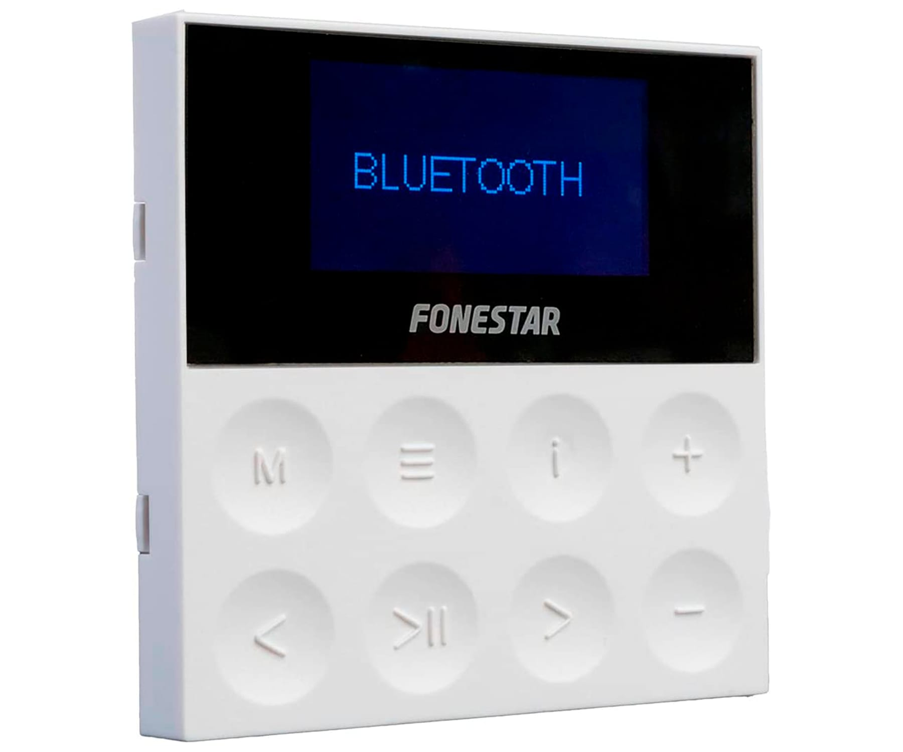 Lettore multimediale Bluetooth bianco con pulsanti e un display che dice 'BLUETOOTH'. Il marchio è FONESTAR.