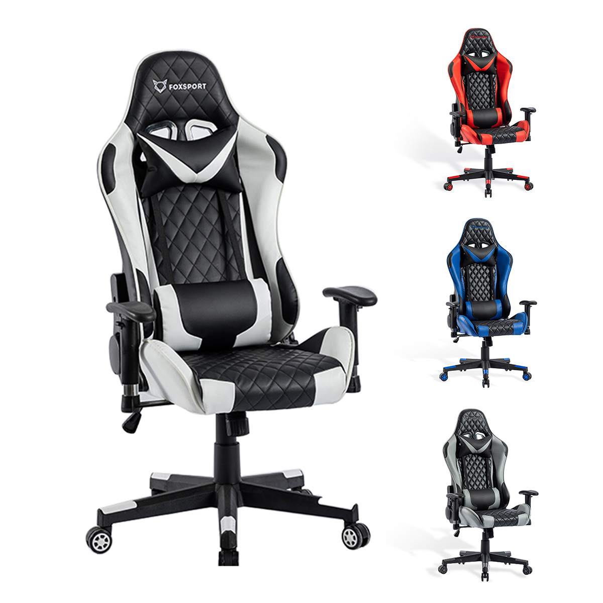 Kopfstütze Bürostuhl, mit Schwarz/Weiß Gaming FOXSPORT Stuhl, Taillenkissen, und Professioneller weiß Gaming-Stuhl