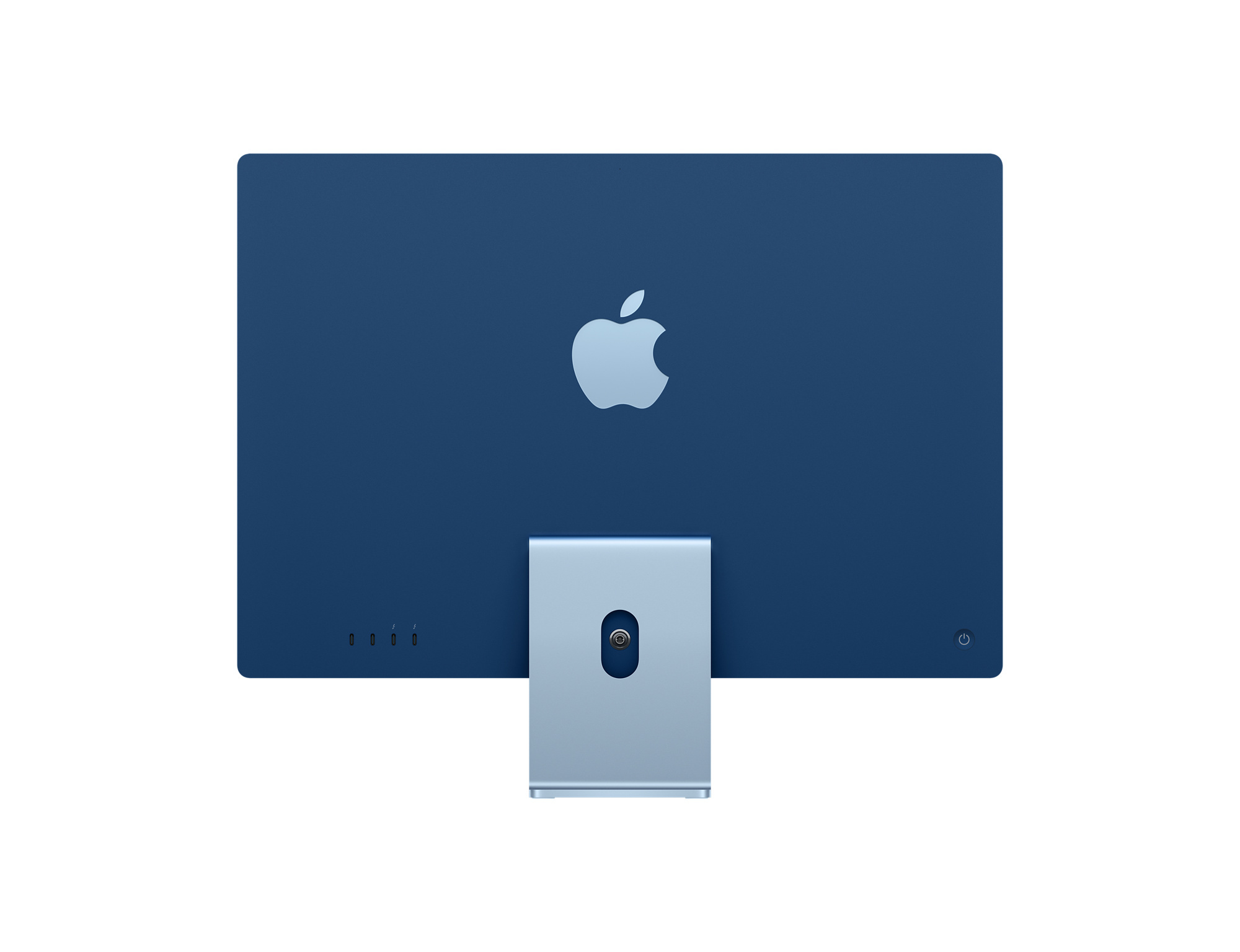 Niebieski iMac widok z tyłu z logo Apple i srebrną podstawą. Widoczne porty.