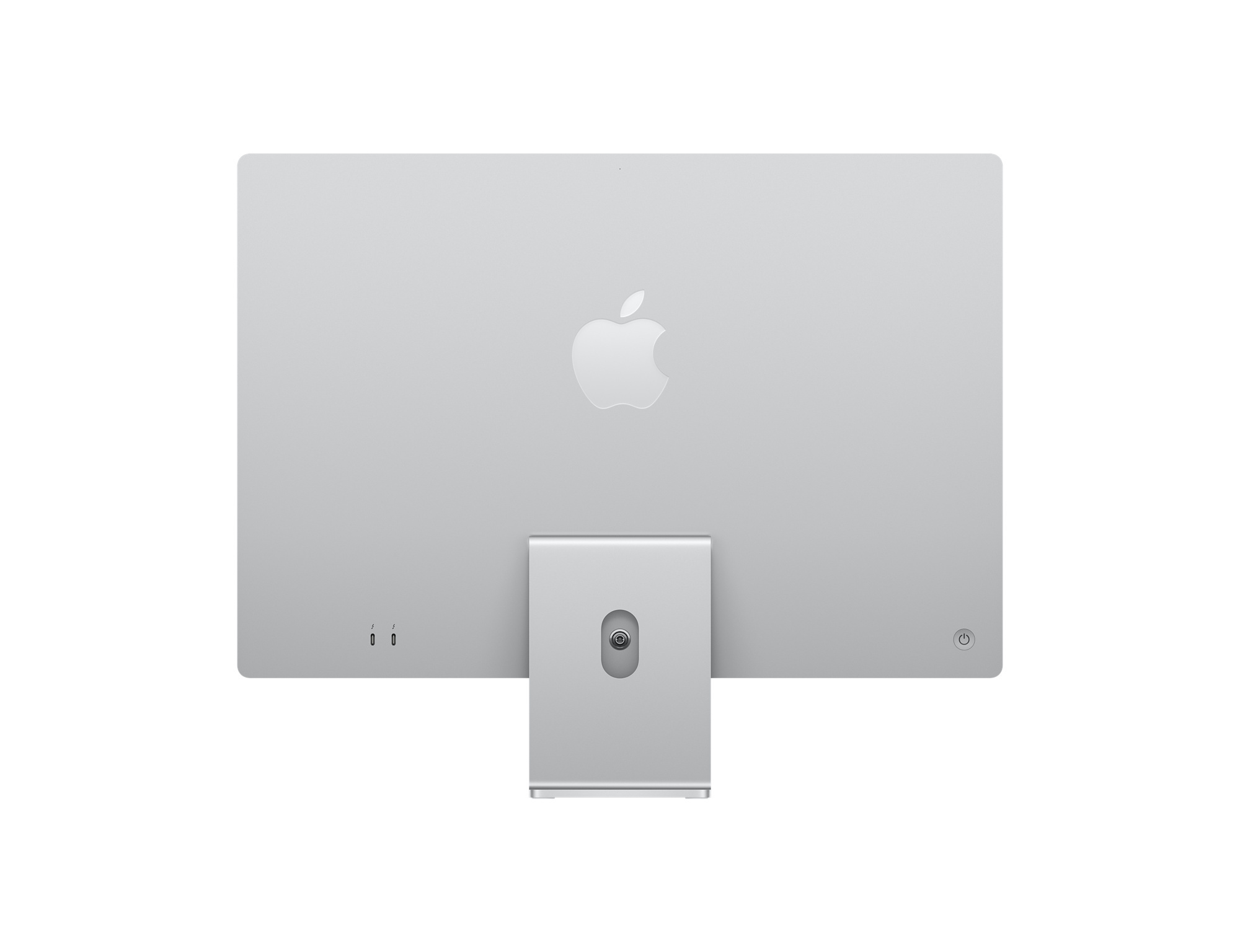 Widok z tyłu srebrnego iMac: logo Apple, porty i przycisk zasilania.