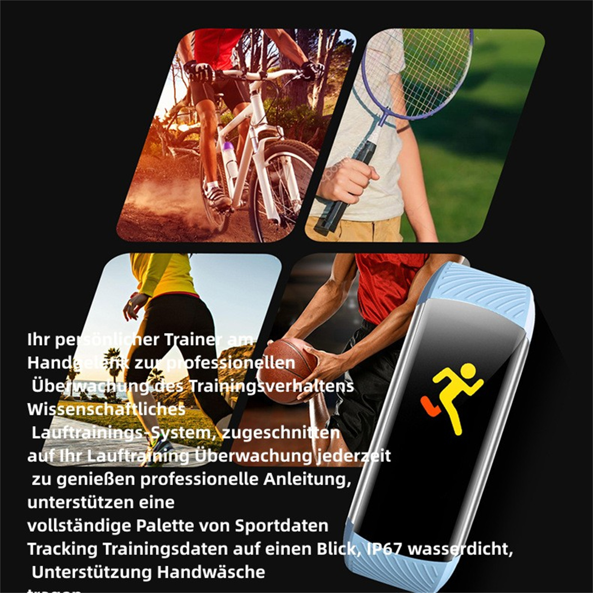 Un rastreador de fitness negro y azul con imágenes de ciclismo, bádminton y texto sobre entrenamiento.