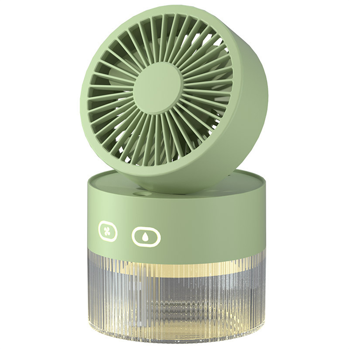 Un ventilador portátil verde y transparente con un depósito de agua.