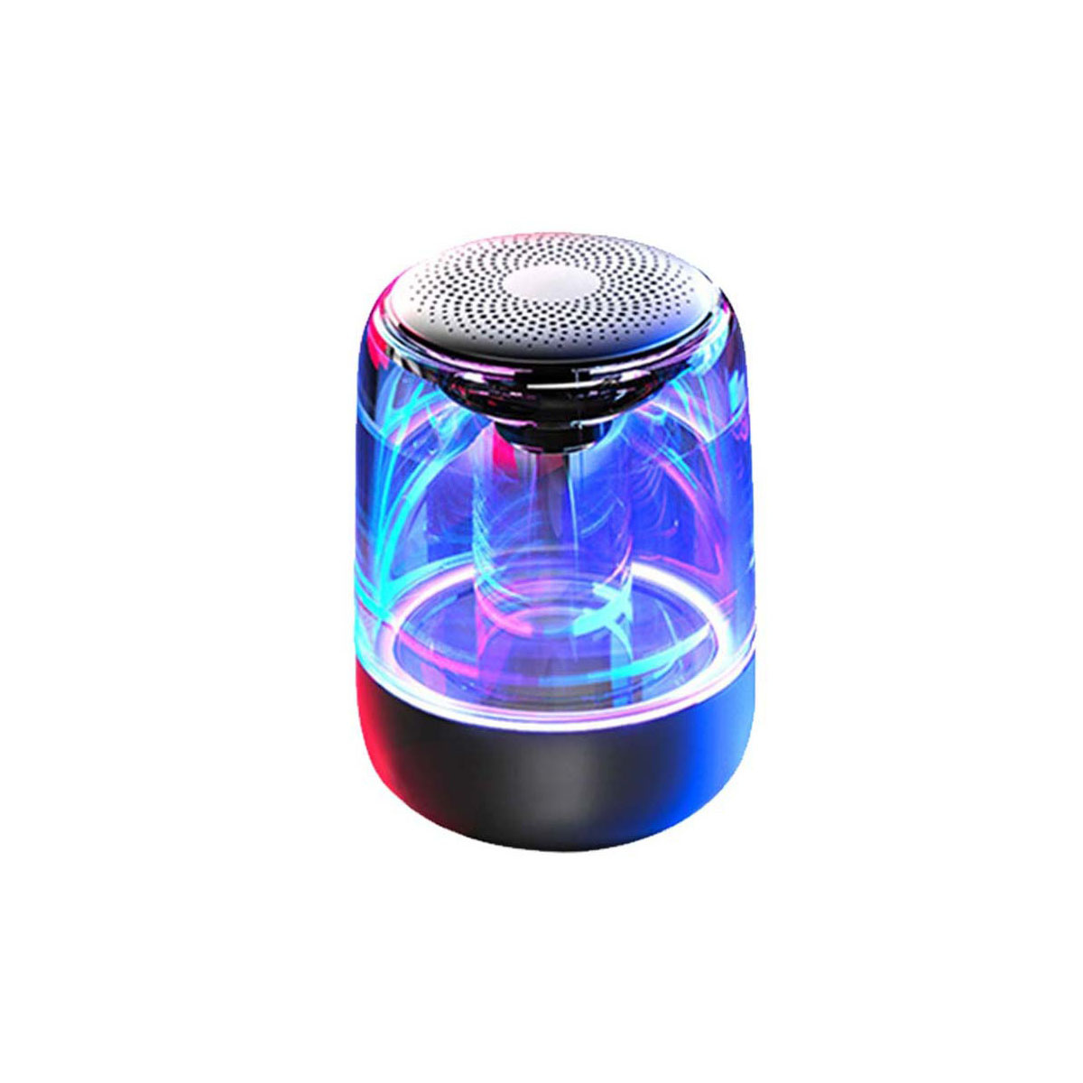 Un altavoz transparente y brillante que proyecta luces coloridas.
