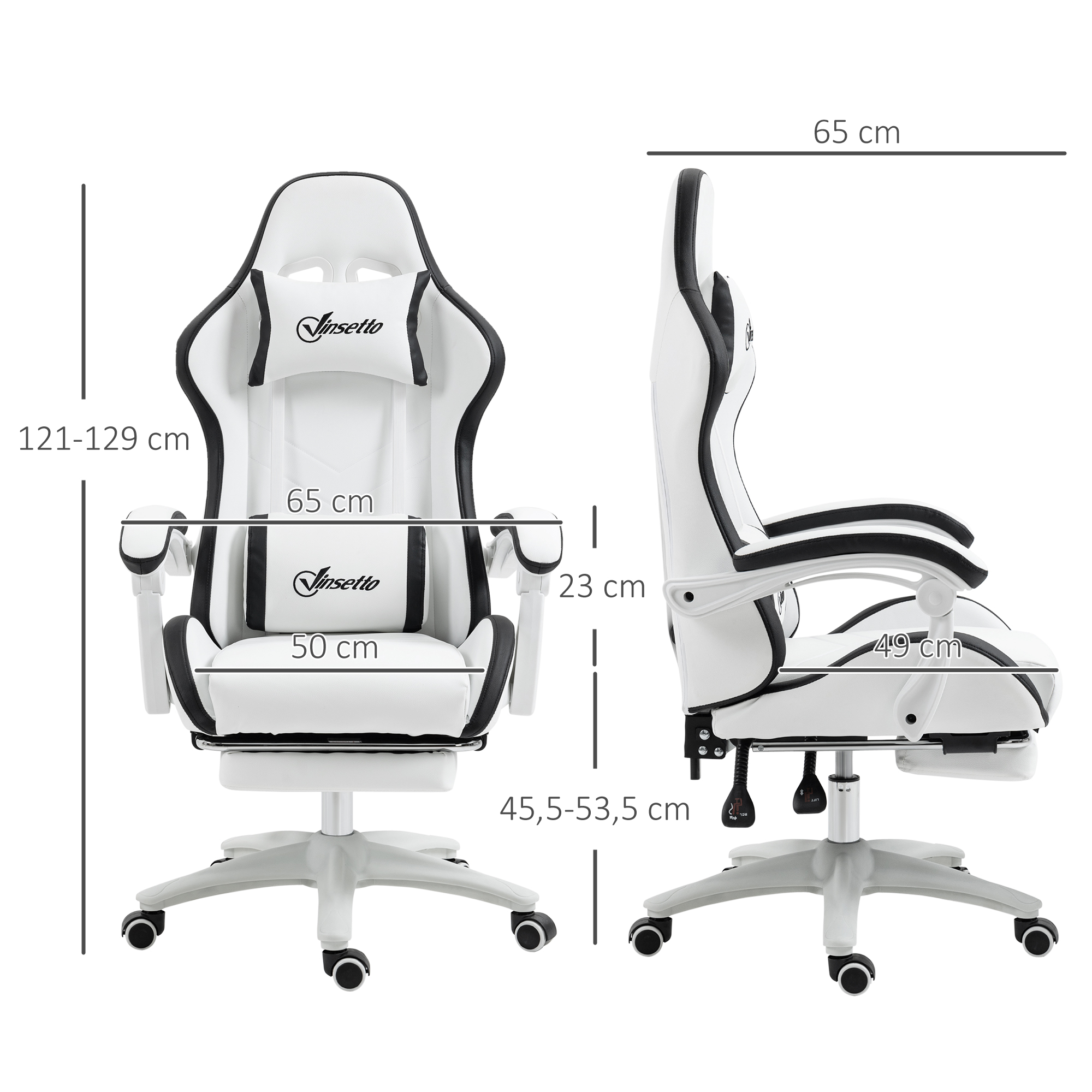 Silla gaming blanca y negra con dimensiones etiquetadas. Tiene ruedas y soporte lumbar/cabeza.