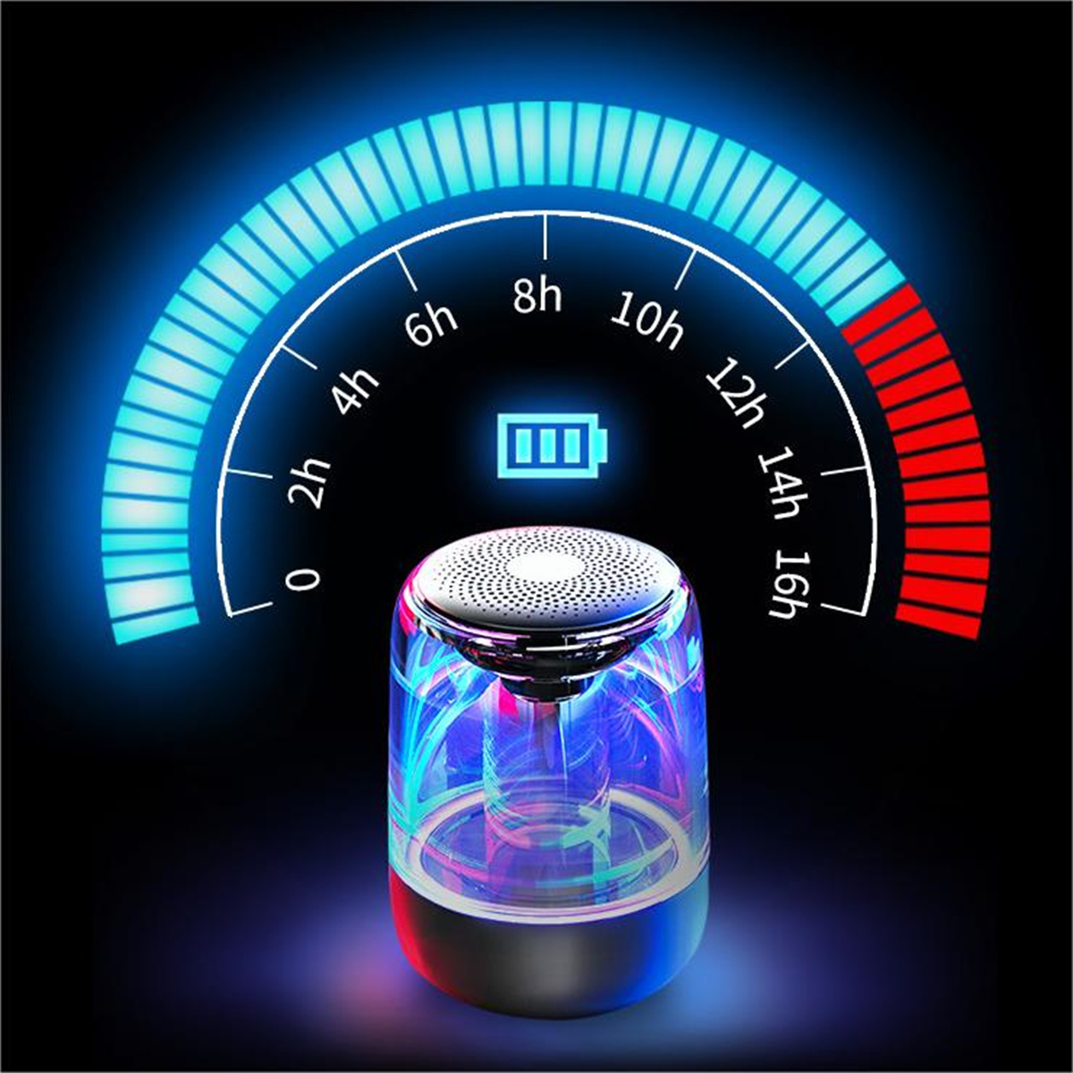 Un altavoz cilíndrico con un efecto de luz azul y roja brillante. El indicador de batería es visible.