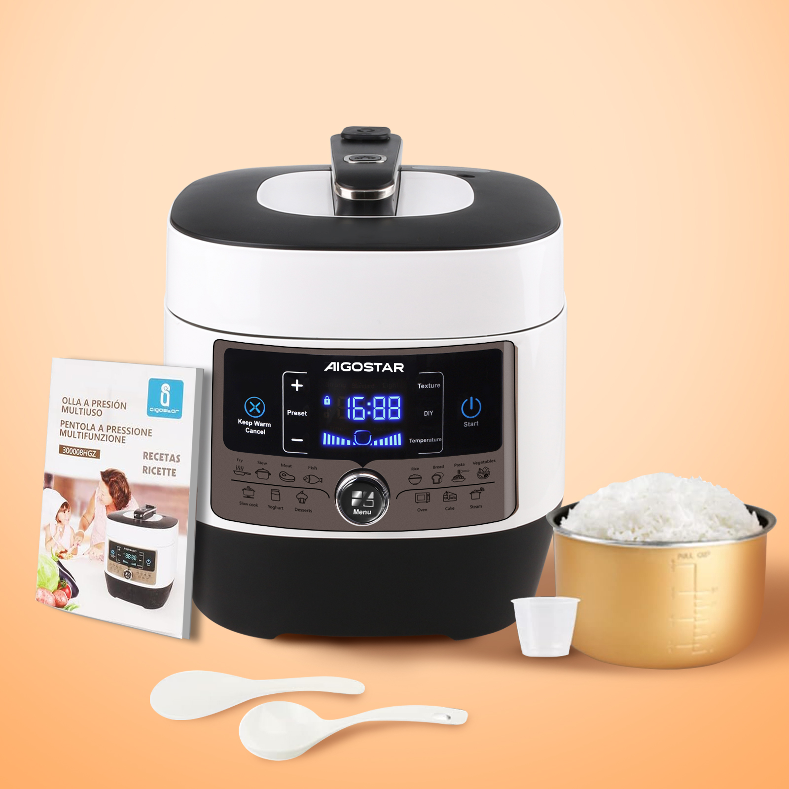 Una olla a presión multifunción con pantalla digital, dos cucharas y un cuenco de arroz con arroz.