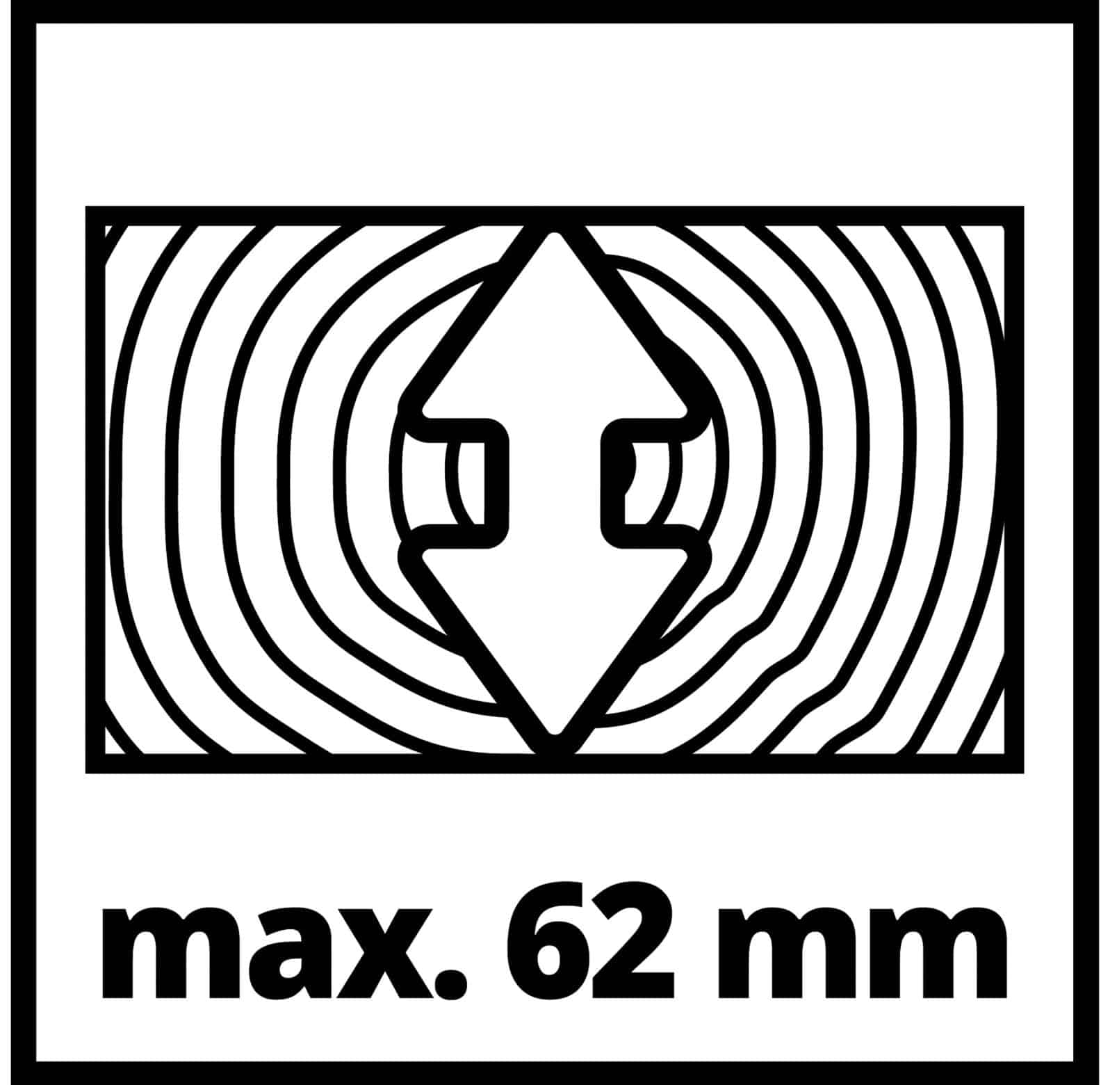 Ein schwarz-weißes Schild mit dem Text 'max. 62 mm' und einer Holzmaserungsgrafik.