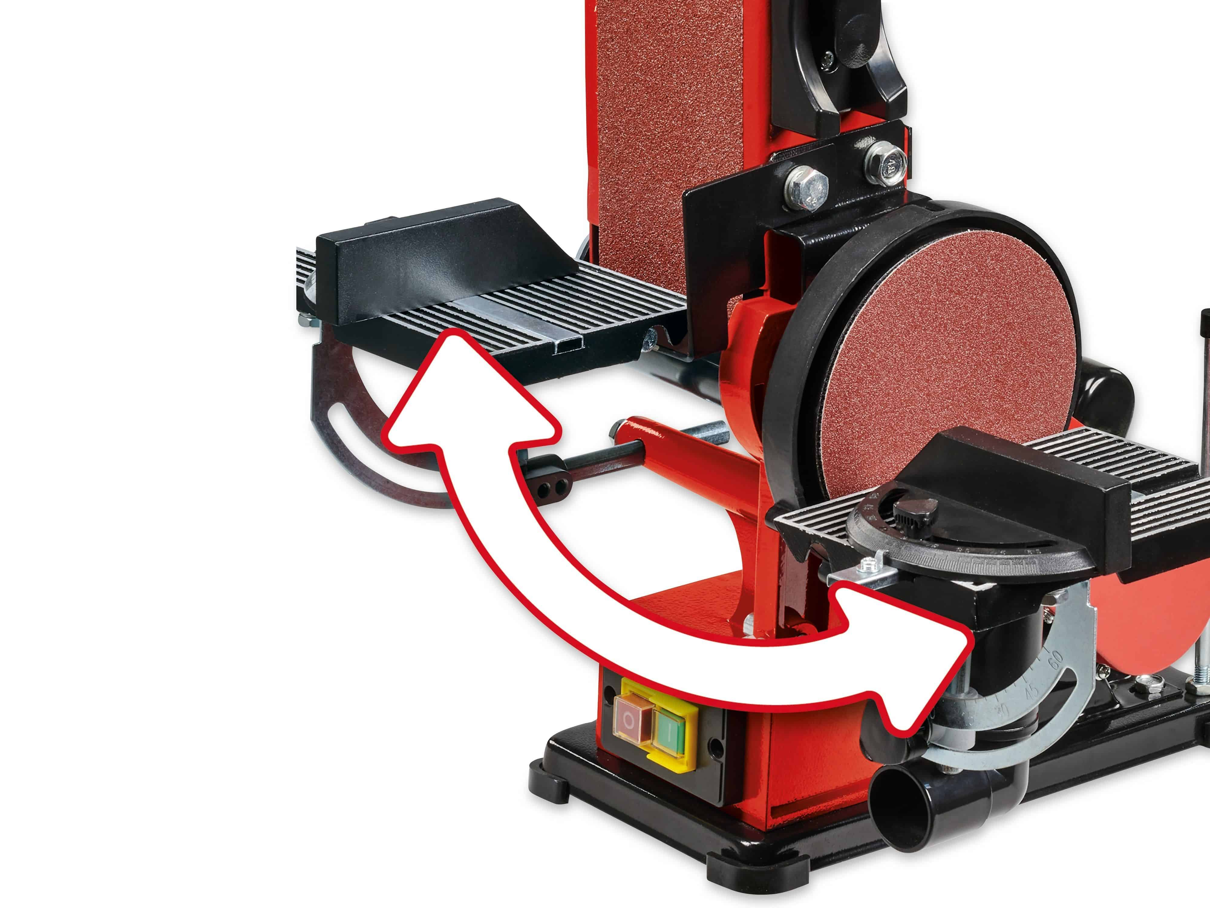 Ponceuse à bande rouge avec disque rotatif et une flèche.