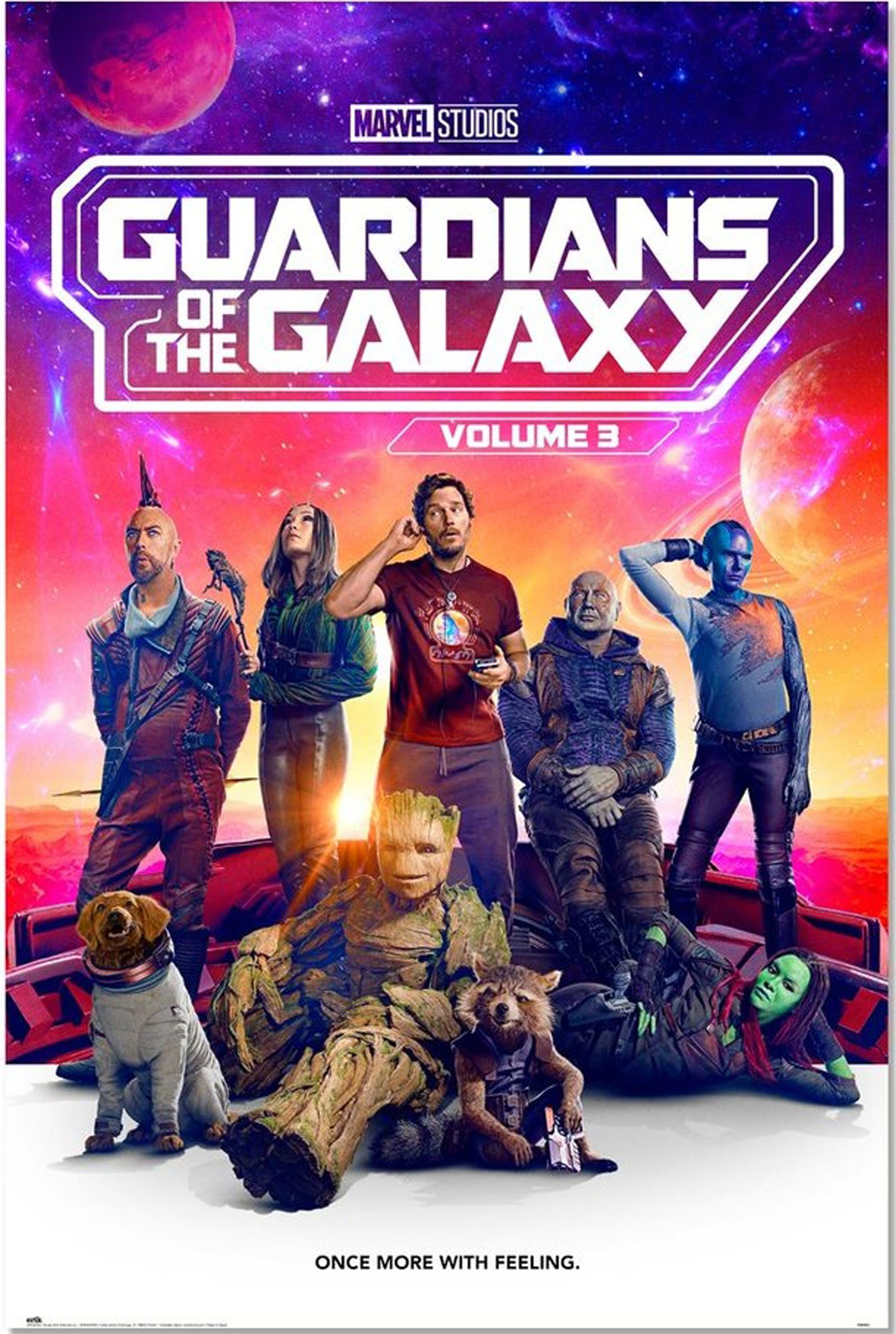 Guardians of the Galaxy Poster. Zeigt die Hauptfiguren, mit einem lebendigen, Weltraum-Themen-Hintergrund.