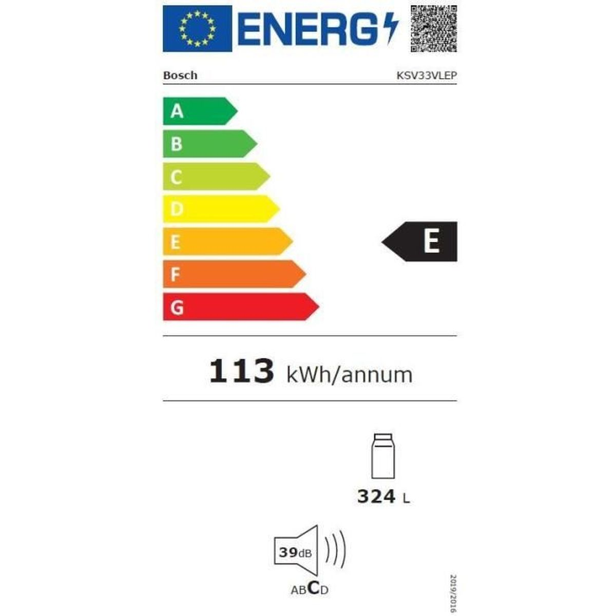 Etiqueta de eficiencia energética con clasificaciones A-G, muestra 'E'.