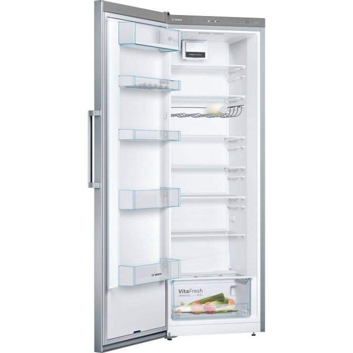 Interior de refrigerador abierto con estantes, cajones y comida. Marca Bosch.