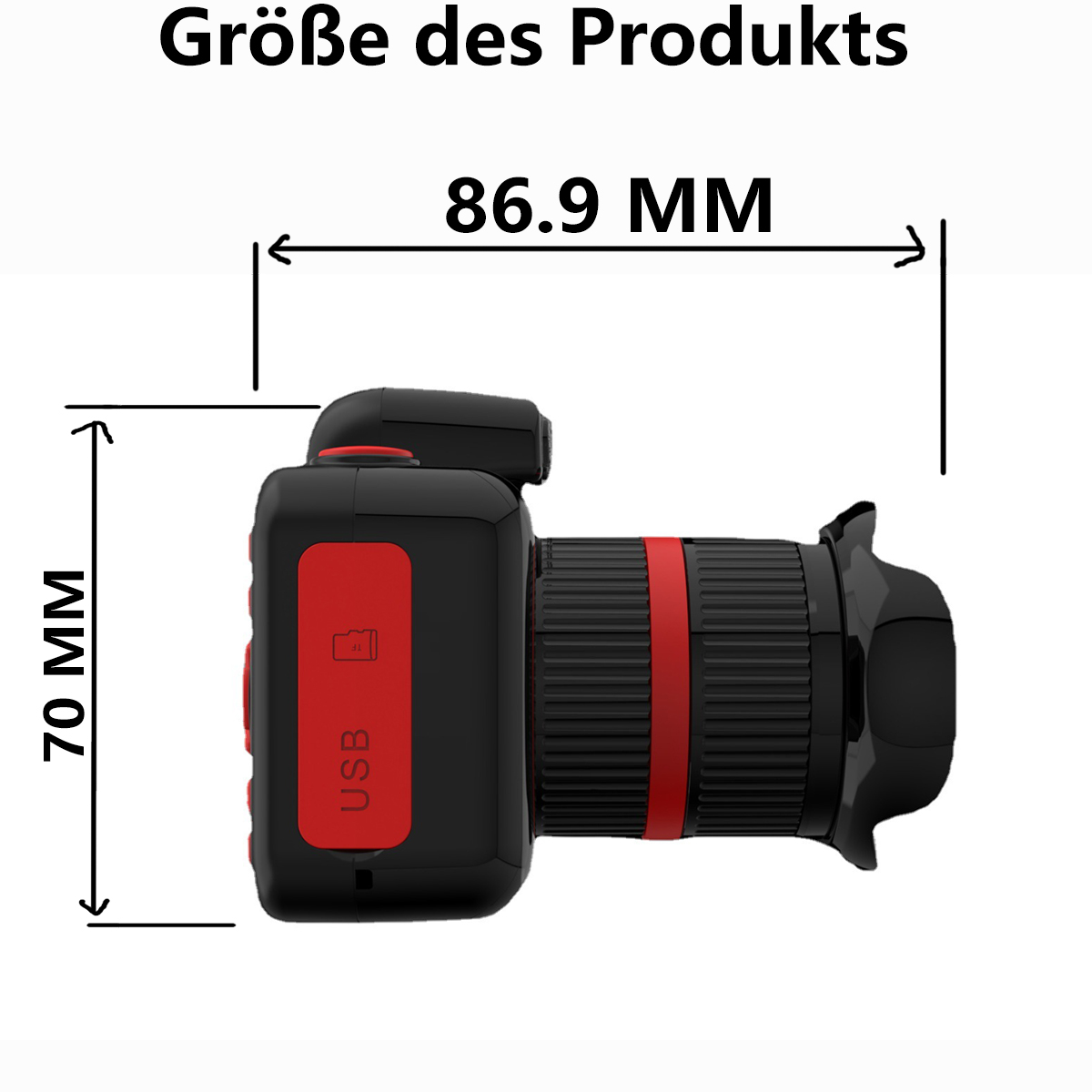Schwarze Kamera mit roten Akzenten, mit Abmessungen. Zeigt USB- und SD-Karten-Symbol.