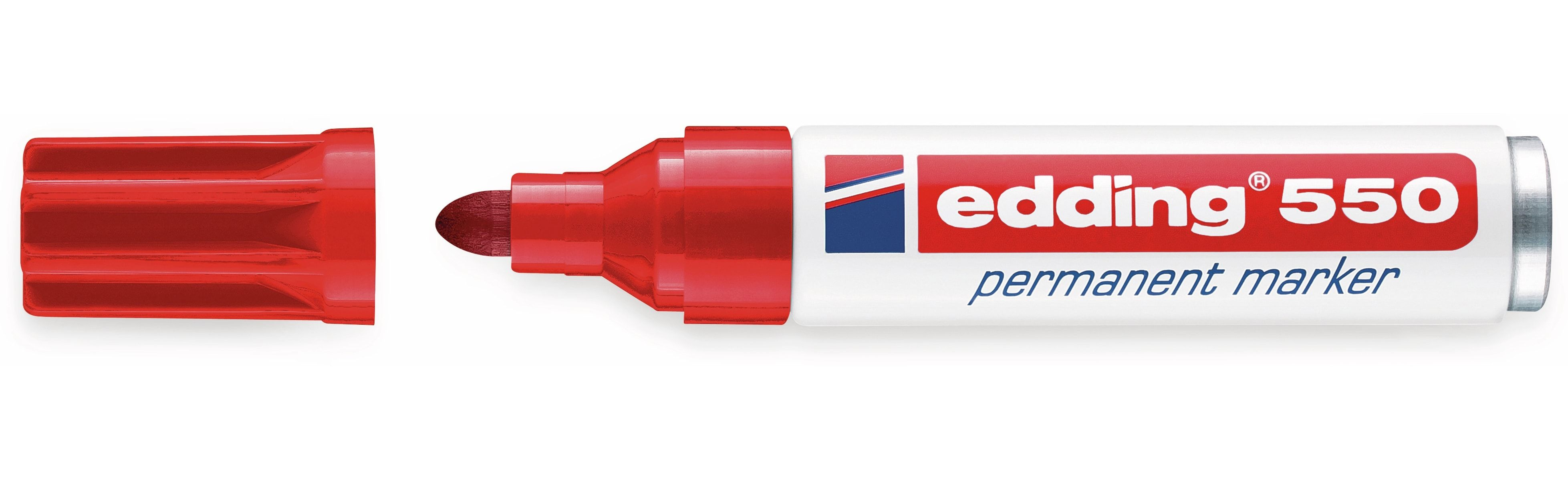 Roter Edding 550 Marker-Stift, geöffnet. Die Kappe ist links.