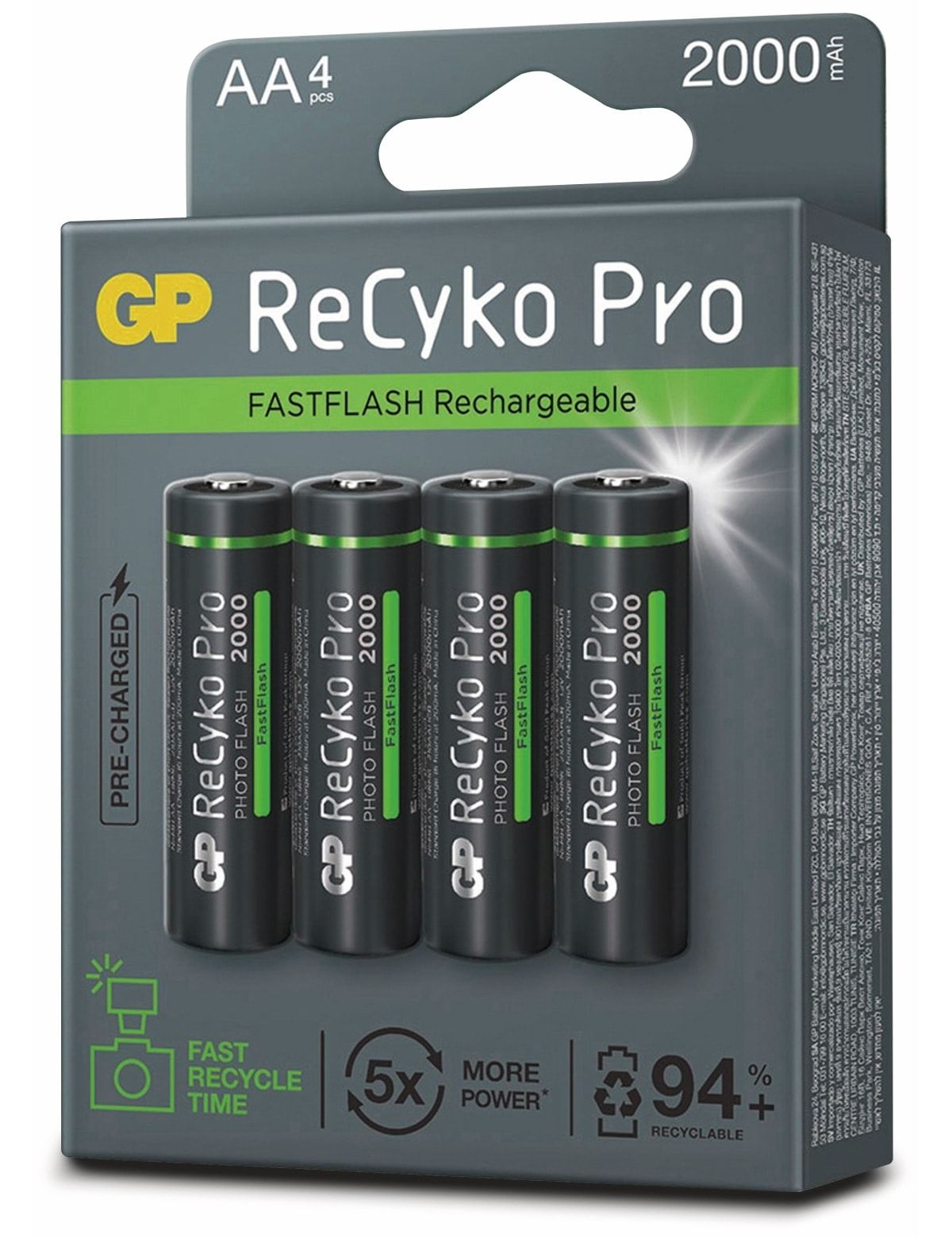 Confezione da quattro batterie ricaricabili AA. Imballaggio verde, nero e bianco.