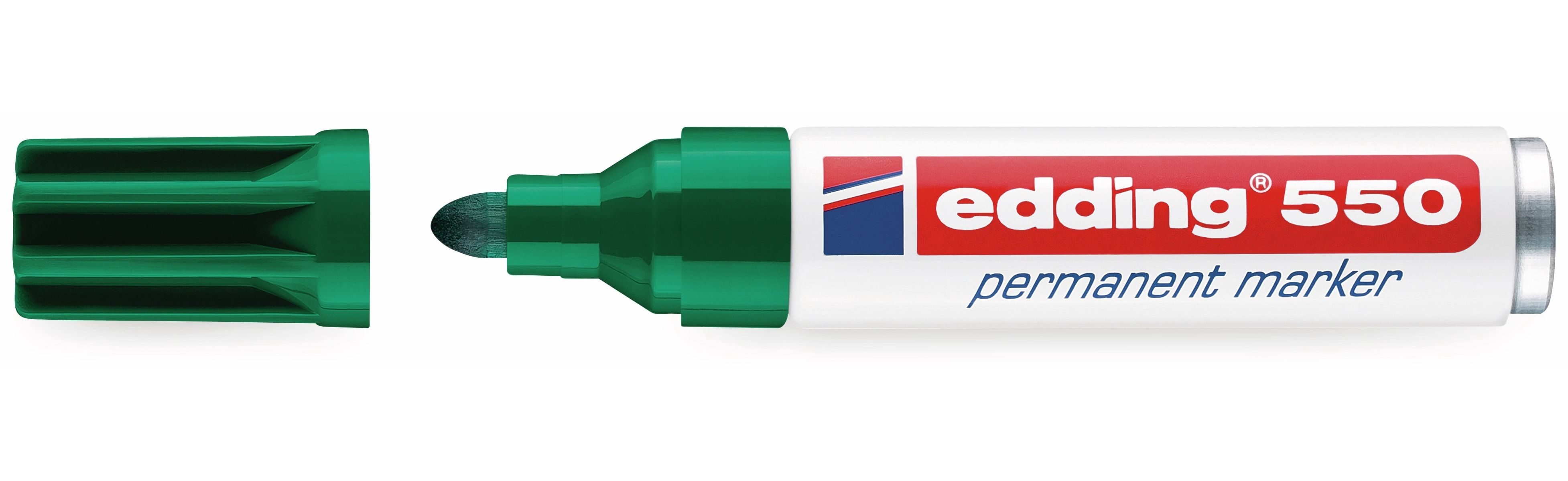 Un marqueur permanent Edding 550 vert sans bouchon, posé sur une surface blanche.