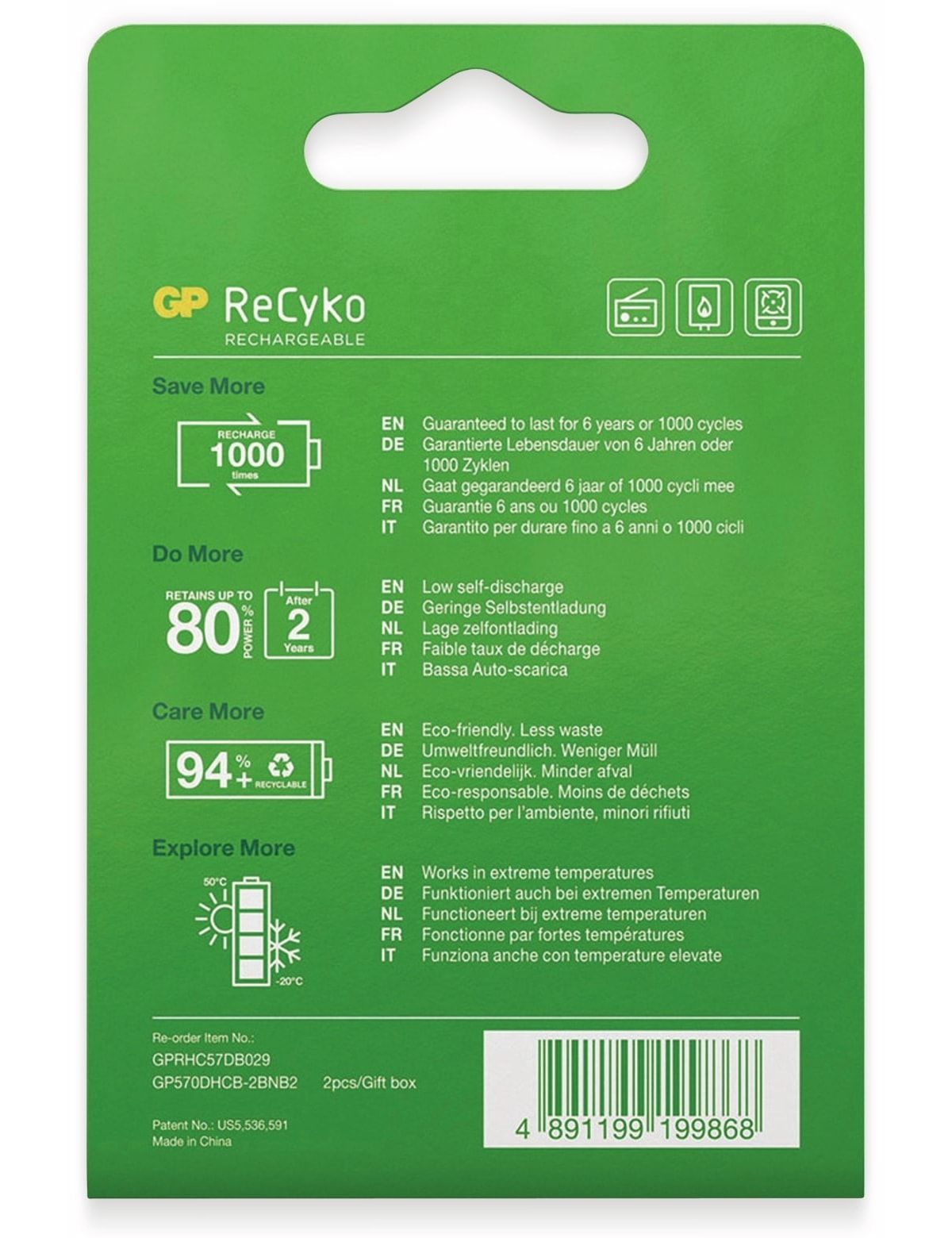 Back of a GP ReCyko rechargeable battery pack, with text and icons.