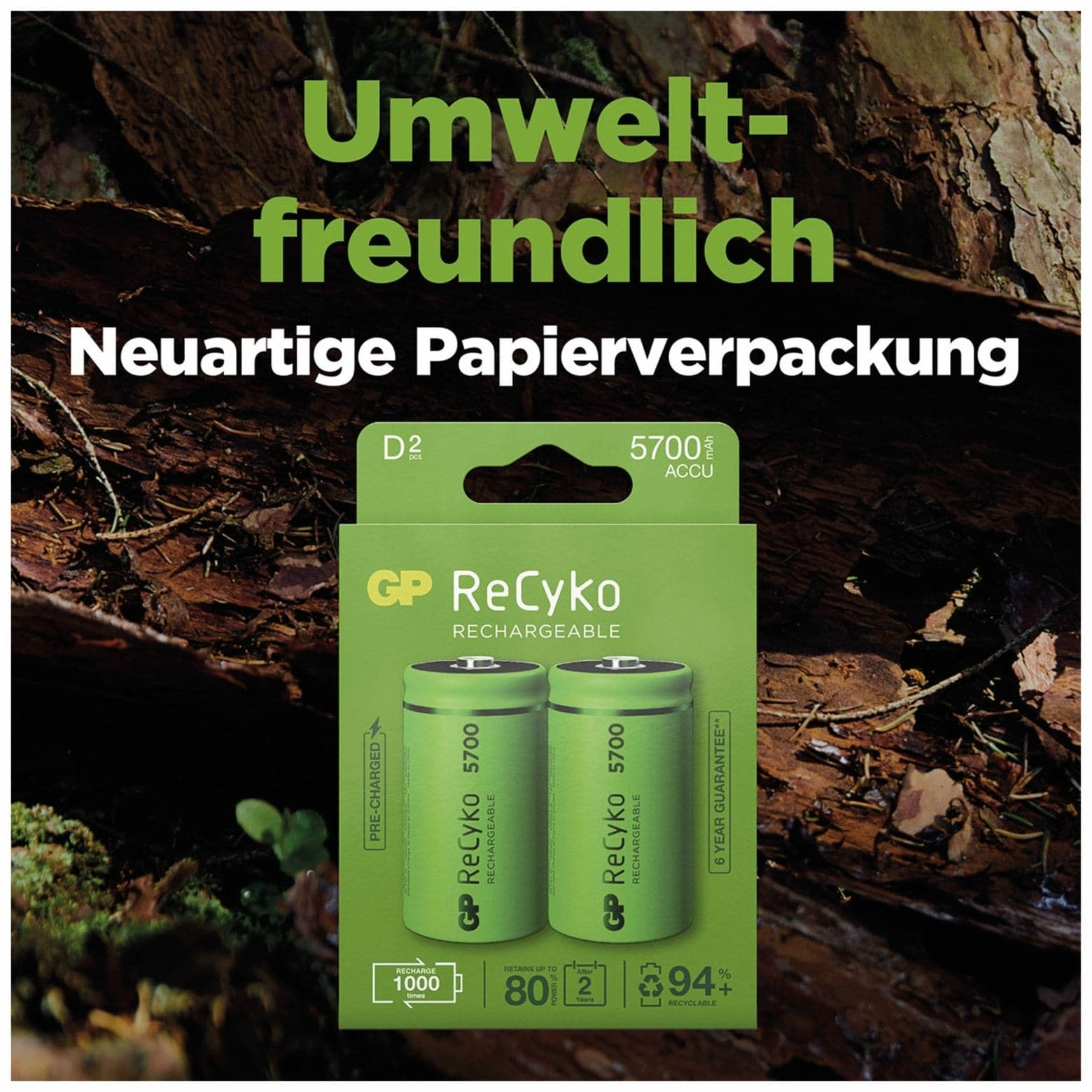 A green box with two rechargeable batteries labeled GP ReCyko. The background shows a wood texture.