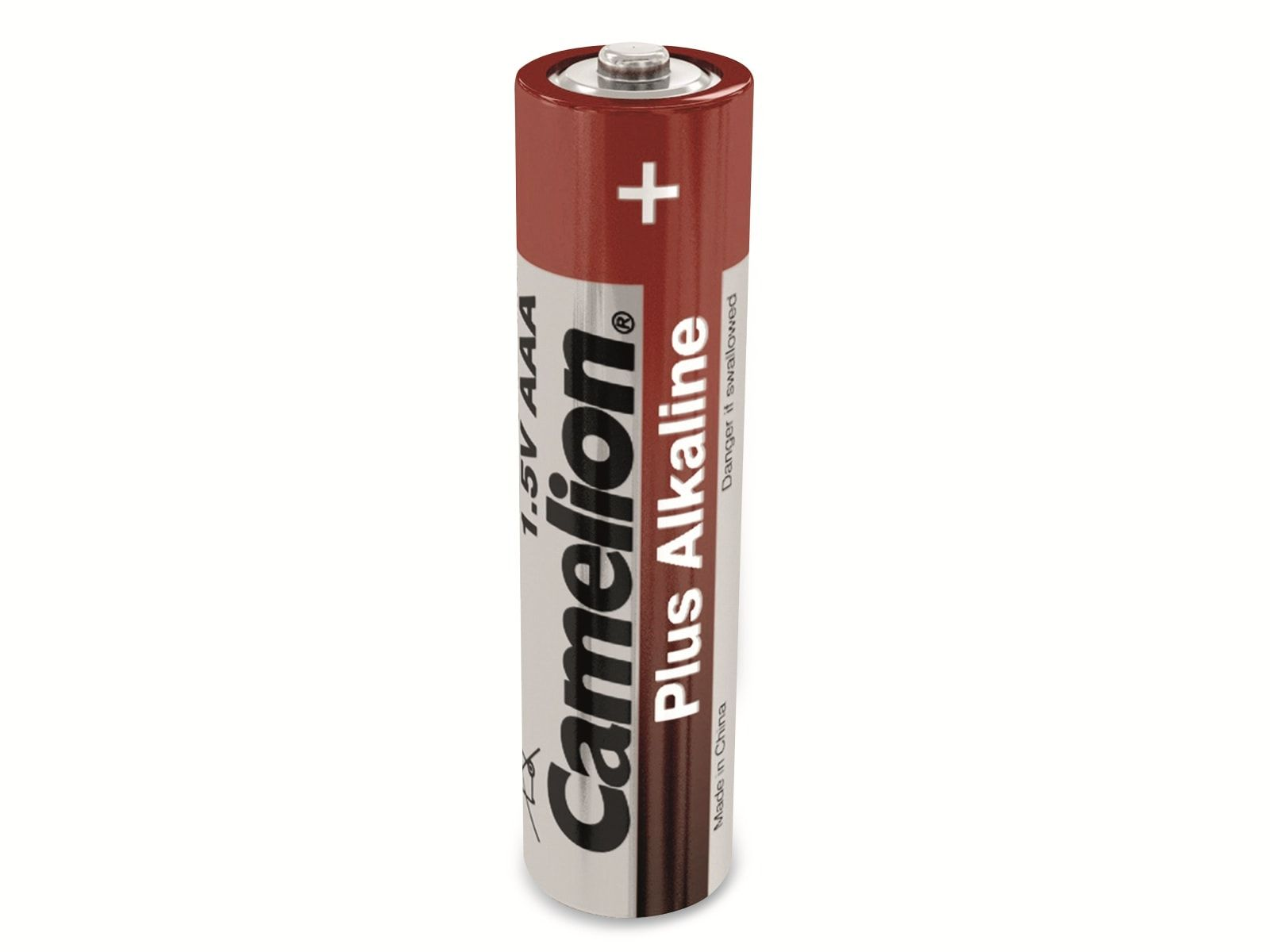Una singola batteria AAA rossa e argento con un segno più sulla parte superiore.