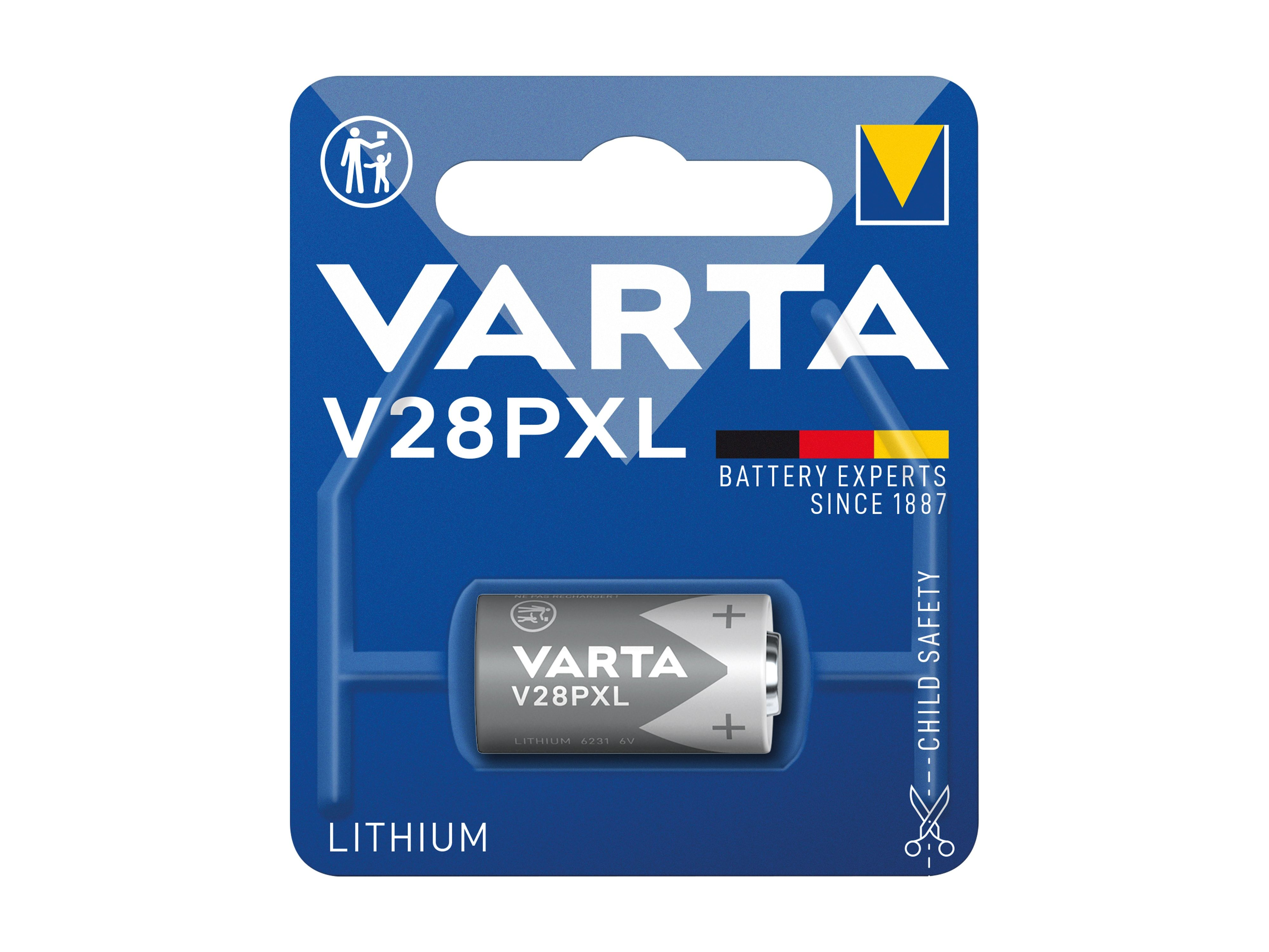 Confezione batteria VARTA V28PXL in blister blu e bianco.