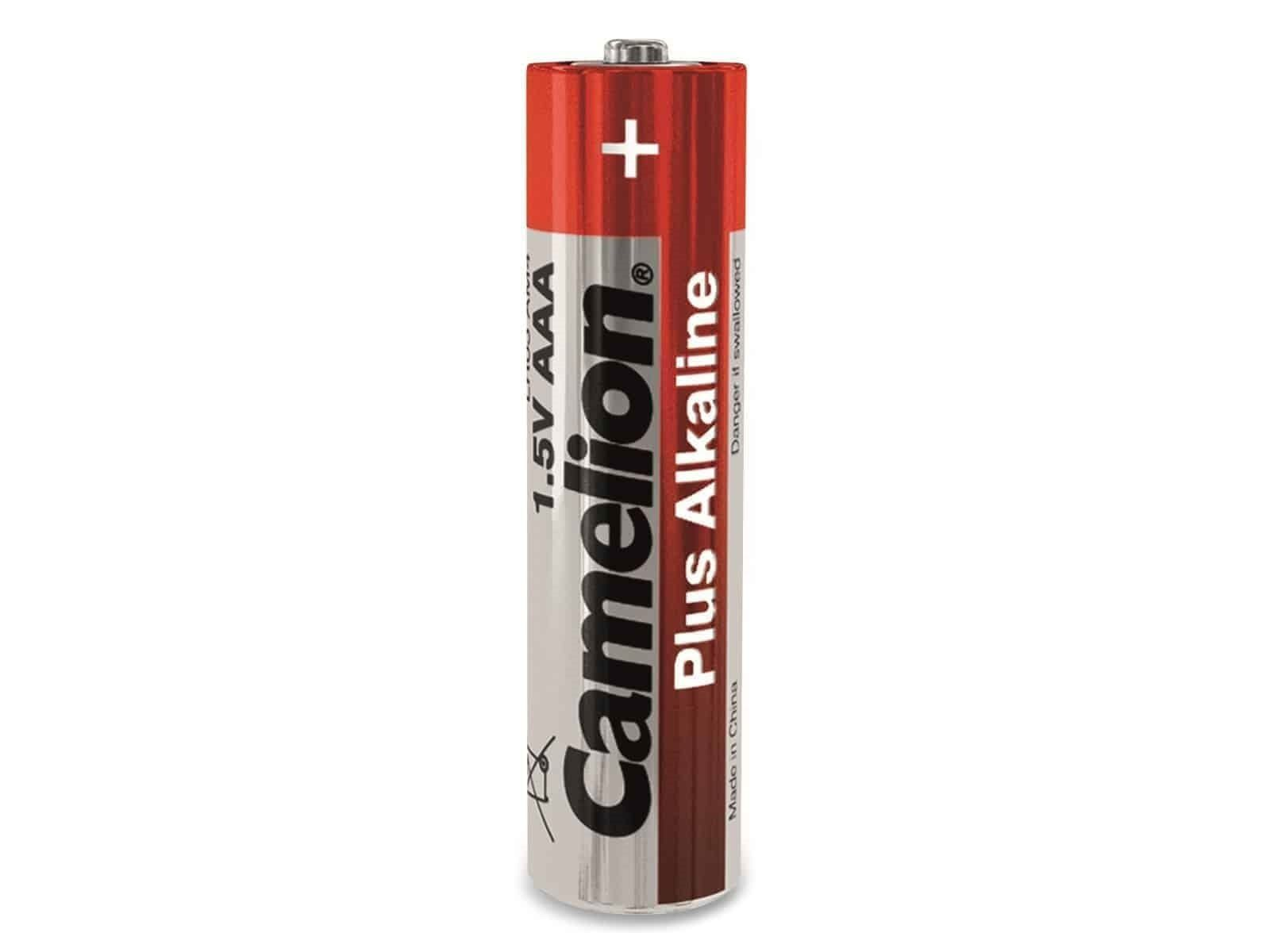 Una singola batteria AAA rossa e argento con un segno più sulla parte superiore.